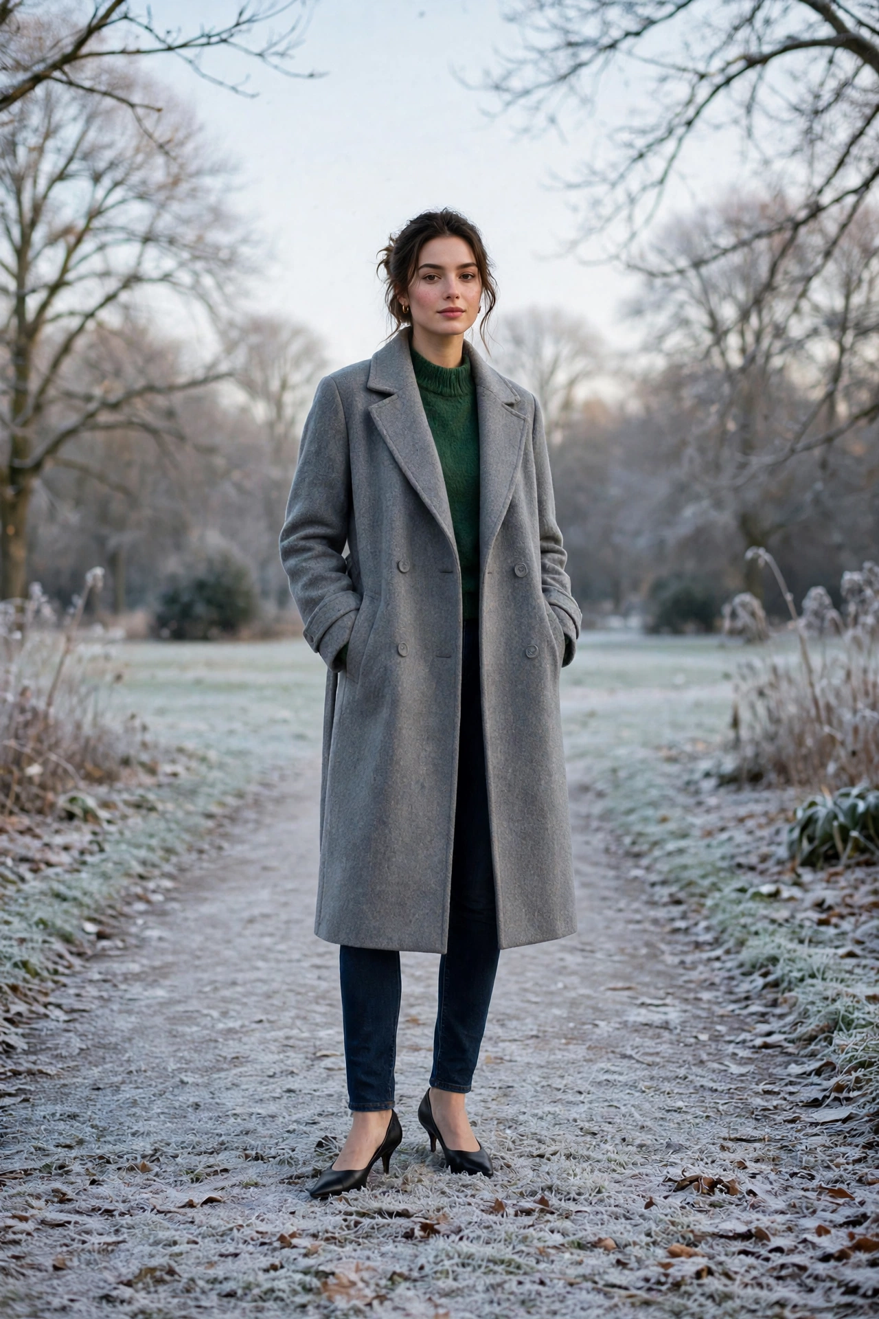 Long grey wool coat, forest green sweater with dark jeans and kitten heels