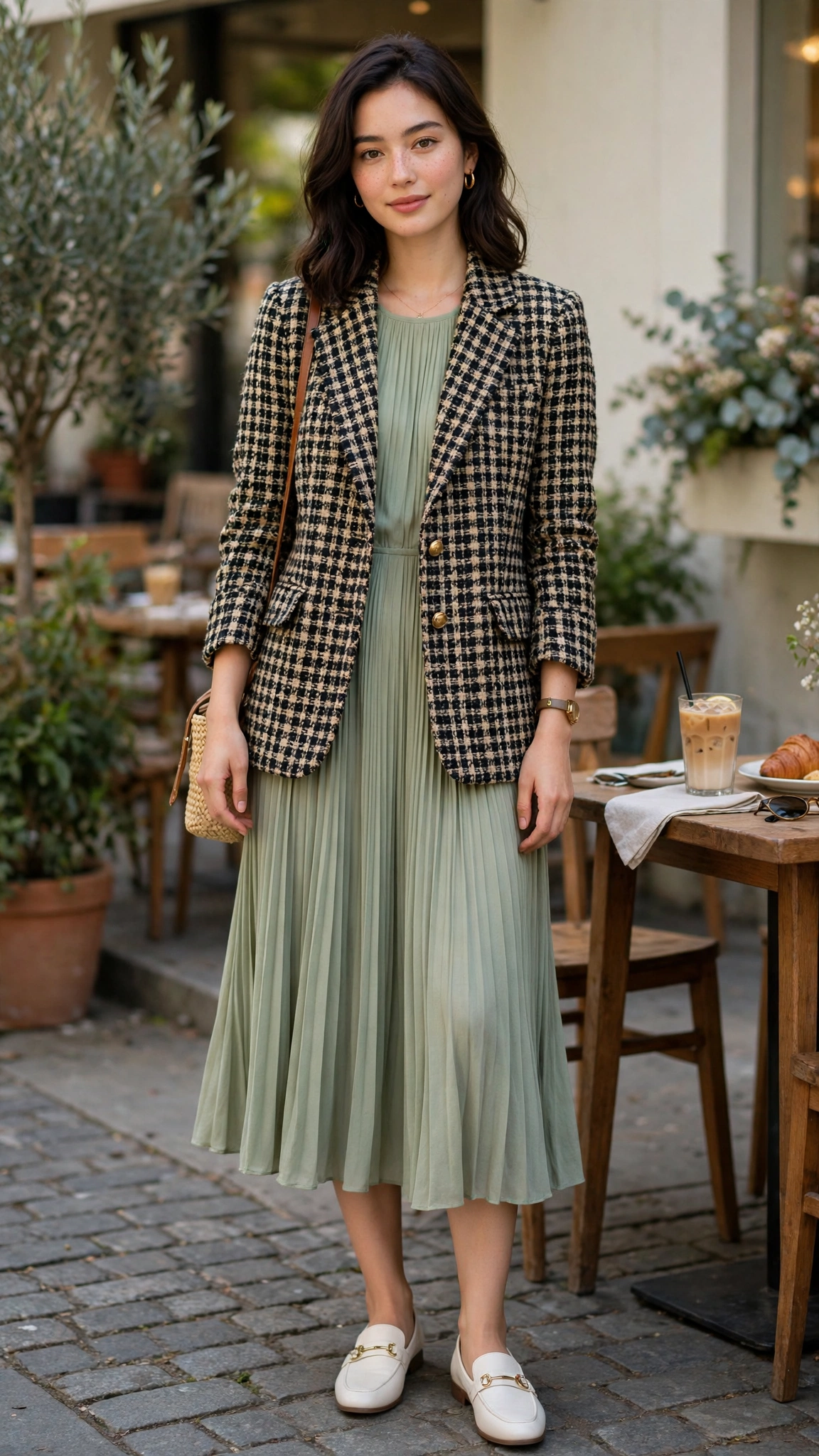 Tweed check blazer with a pleated midi dress