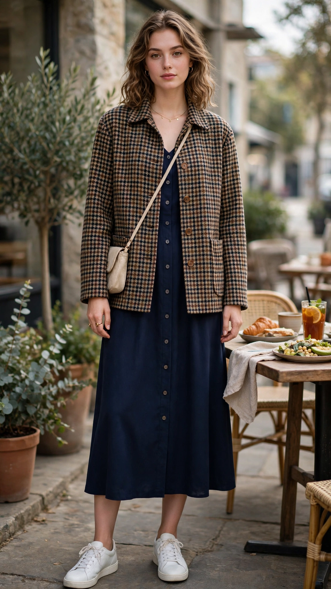 Checked wool jacket with a navy midi dress