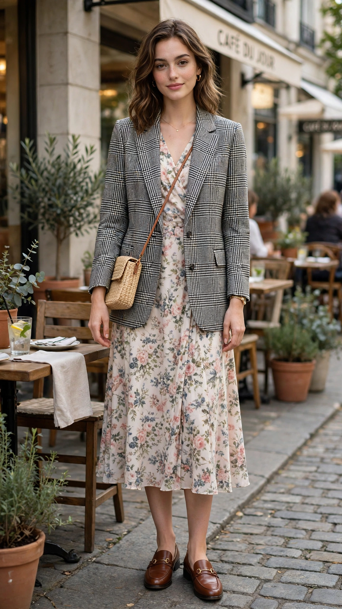 Windowpane check blazer with a floral midi dress