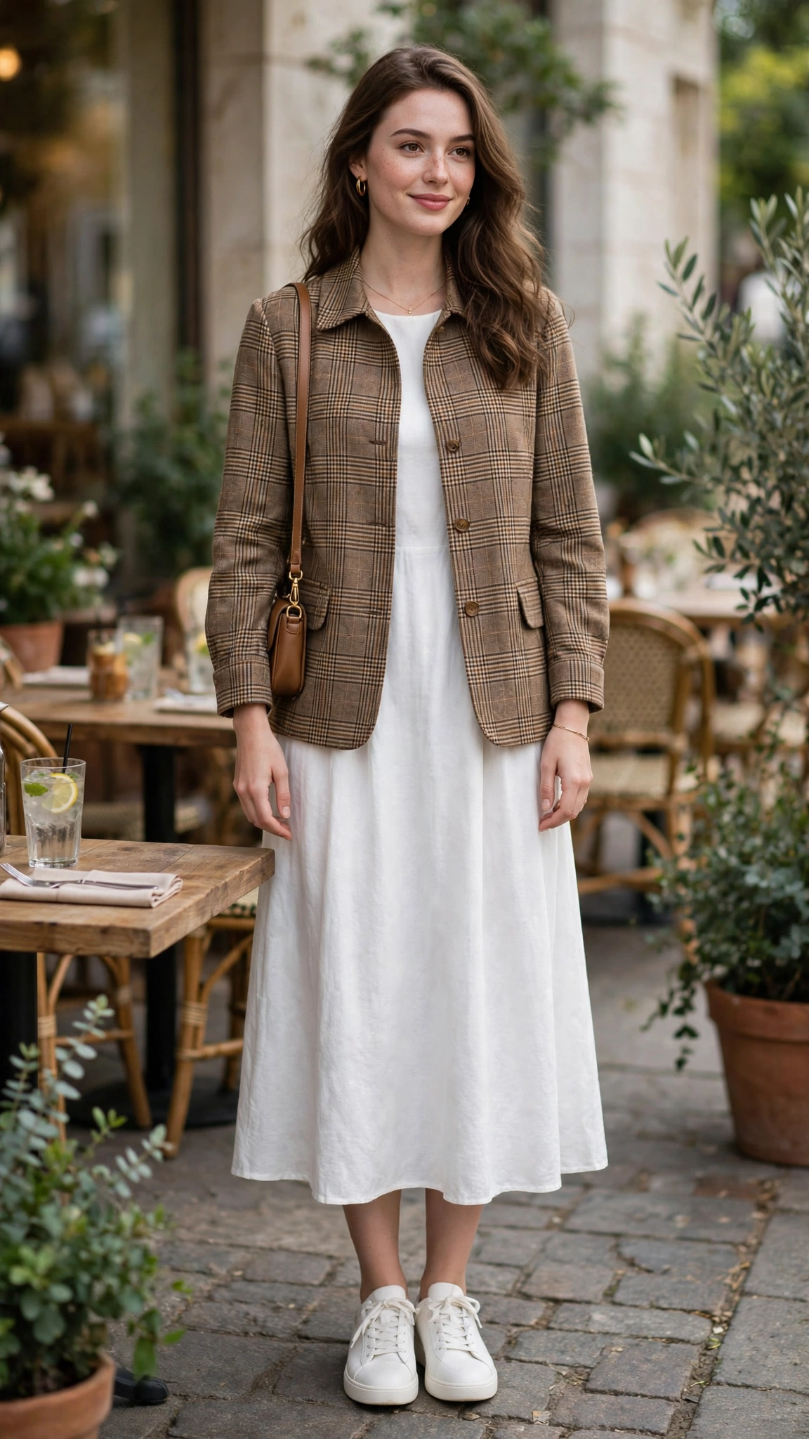 Plaid check jacket with a white midi dress