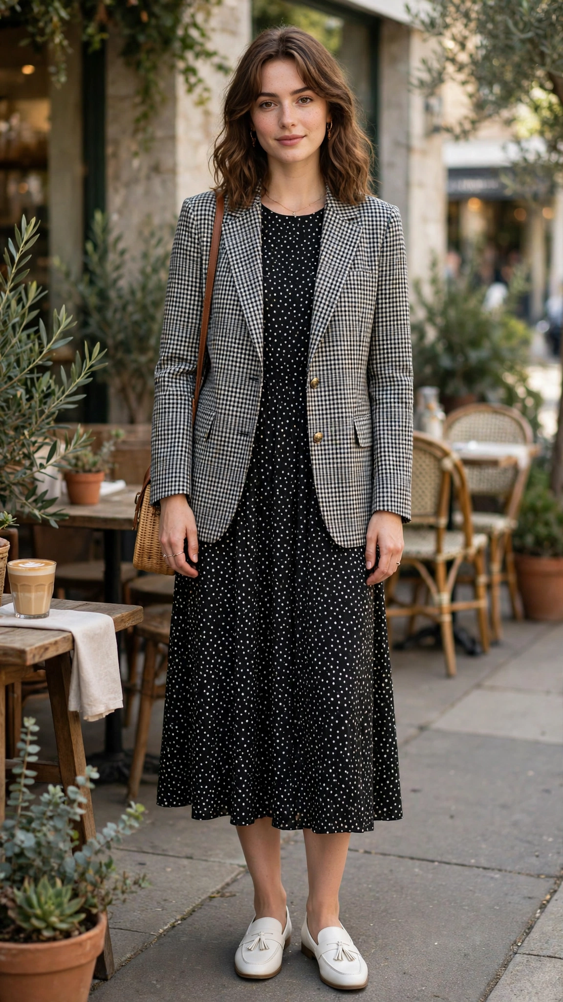 Glen check blazer with a polka-dot midi dress