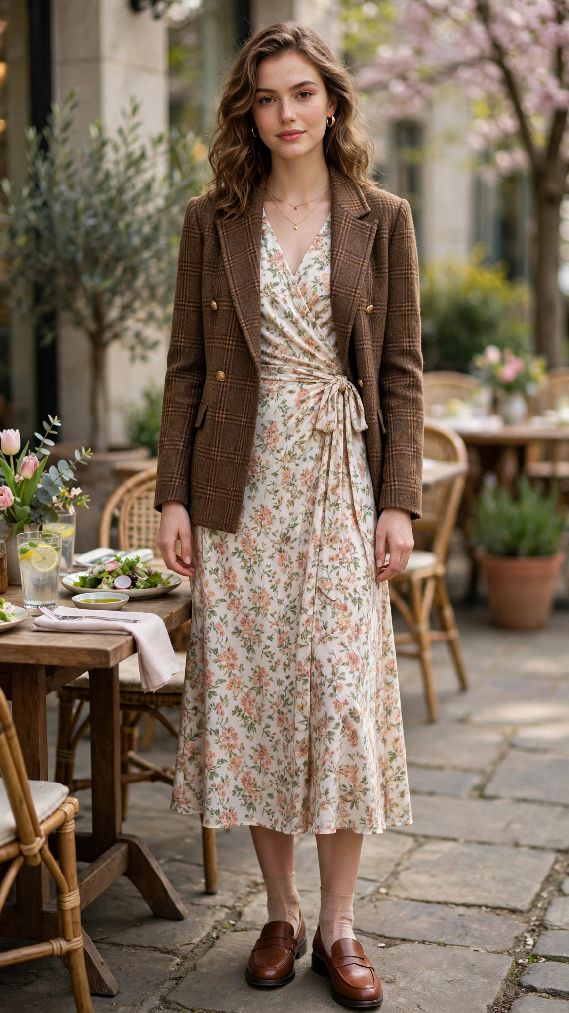 Brown check tweed jacket with a wrap midi dress