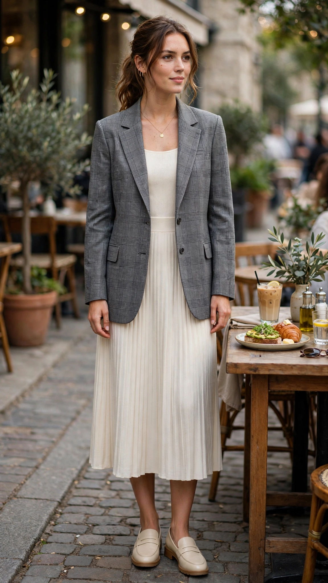Grey check blazer with a cream midi dress