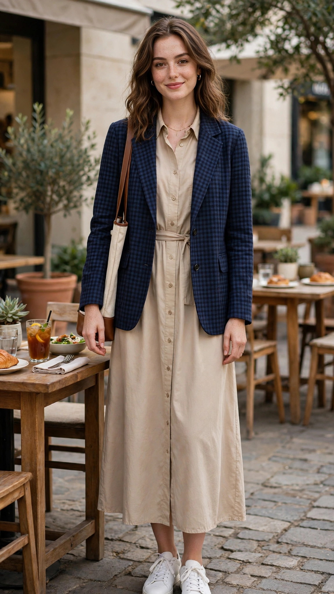 Navy check jacket with a shirt dress