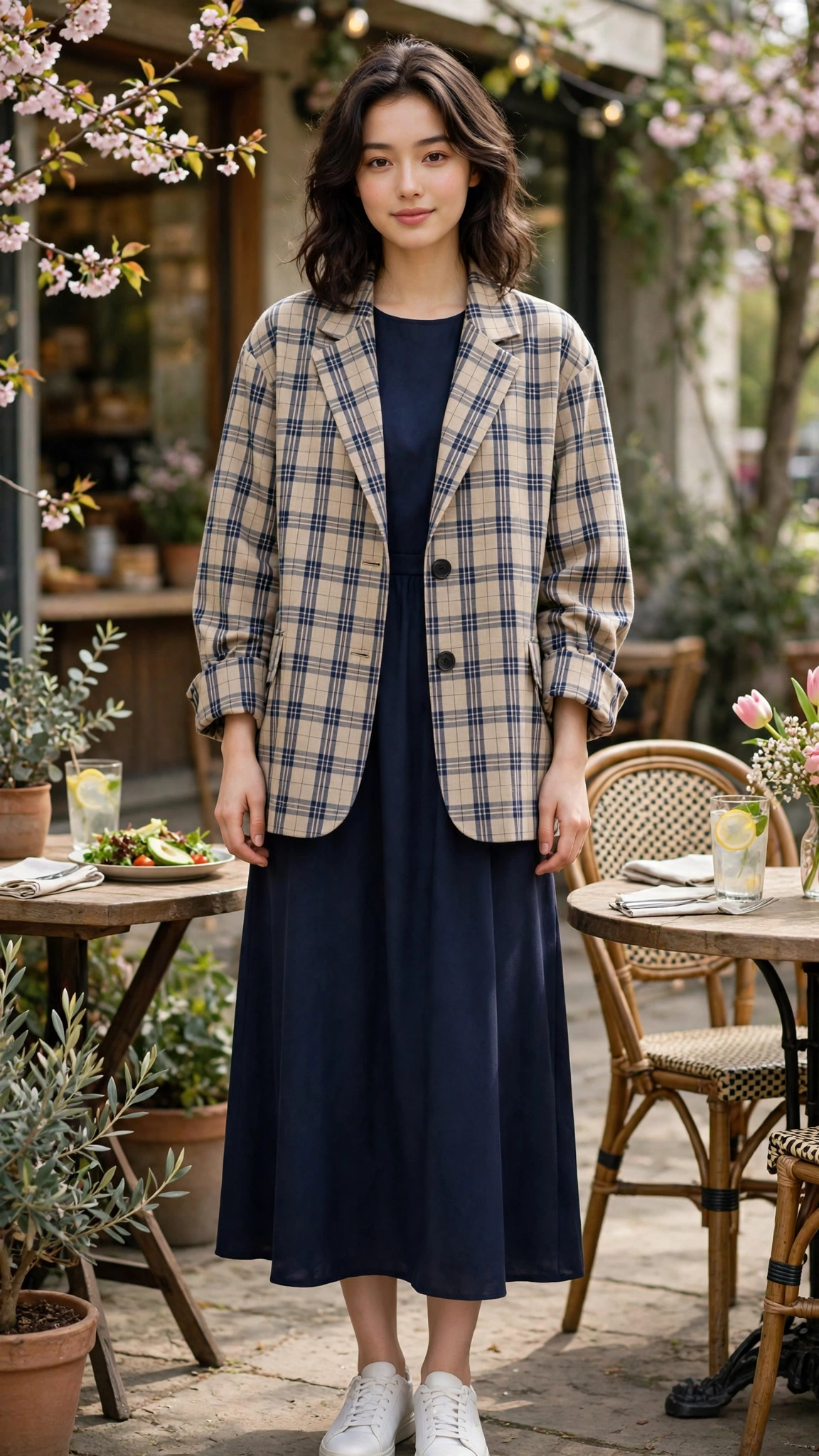 Oversized check jacket with a navy midi dress