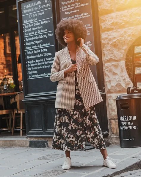 Fitted check blazer with a floral midi dress