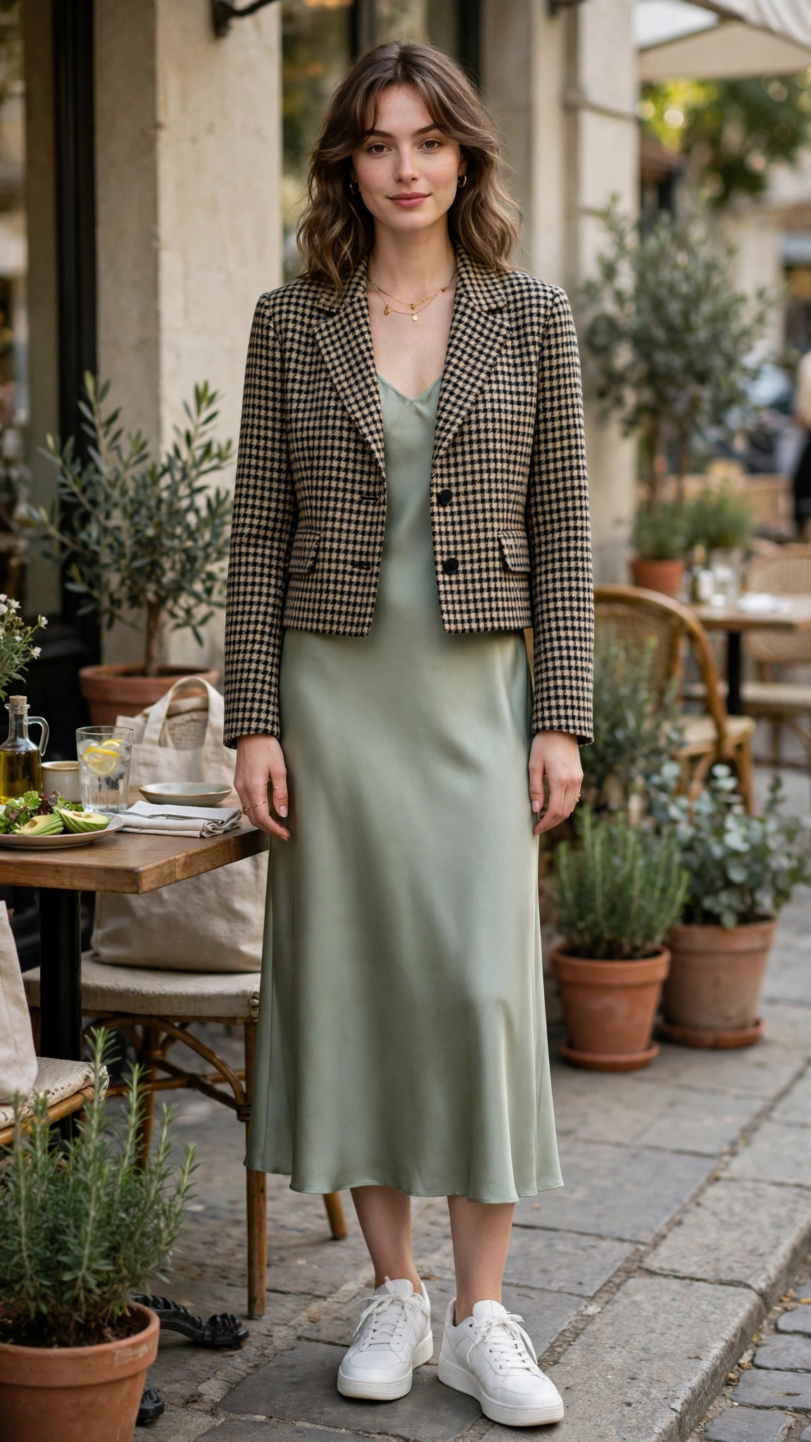 Cropped check jacket with a satin midi dress