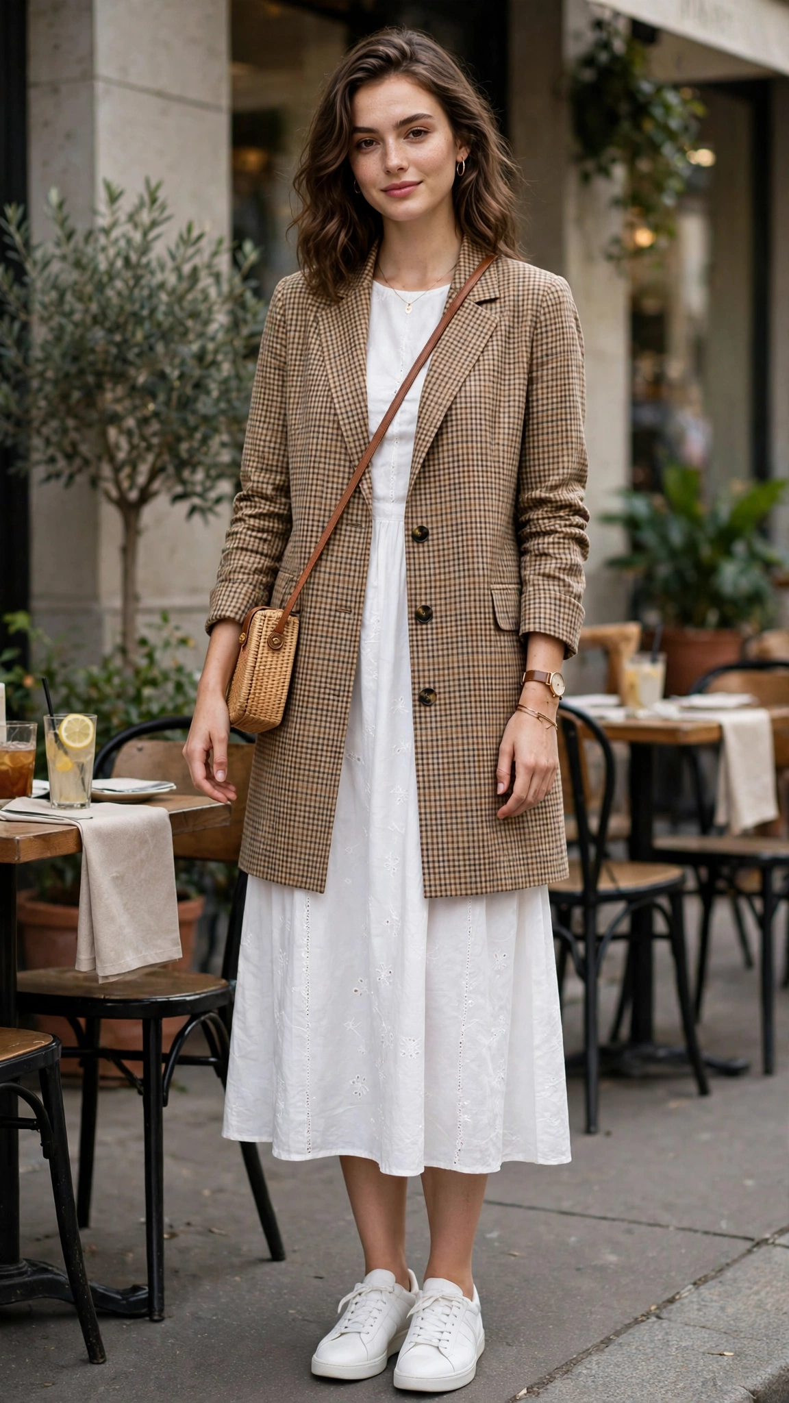 Longline check jacket with a white midi dress
