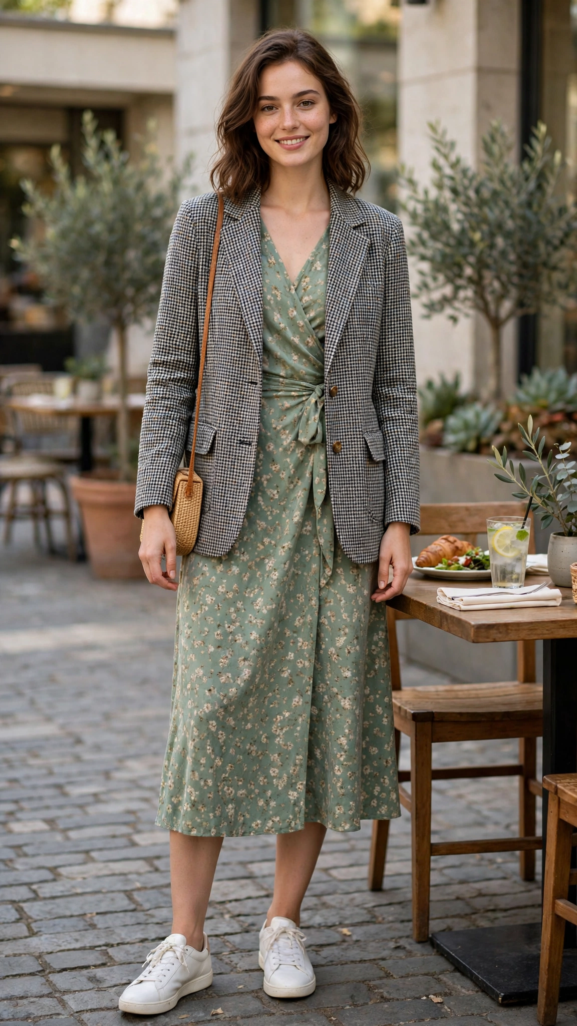 Checked professor jacket with a wrap midi dress