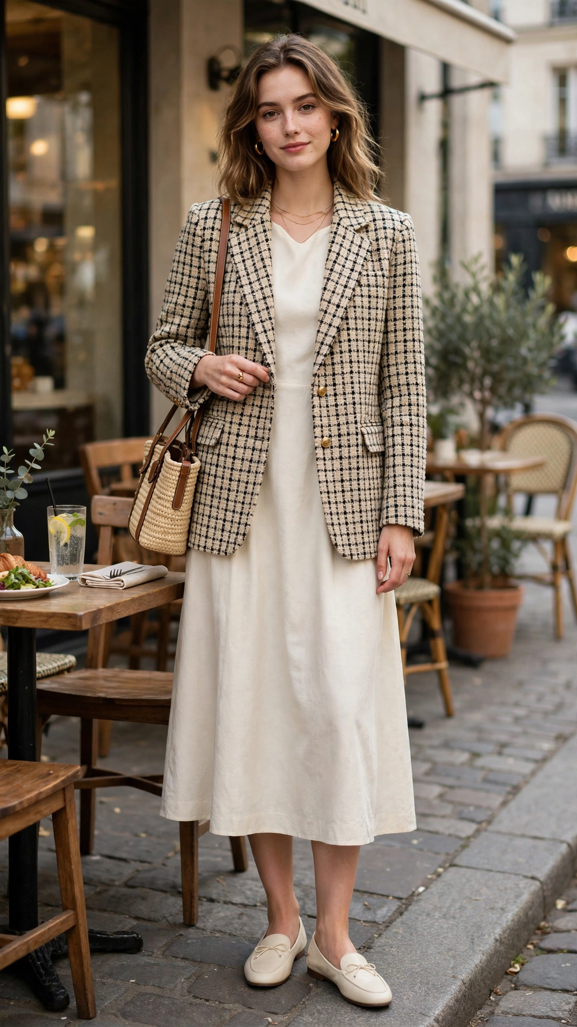 Tweed check blazer with a cream midi dress