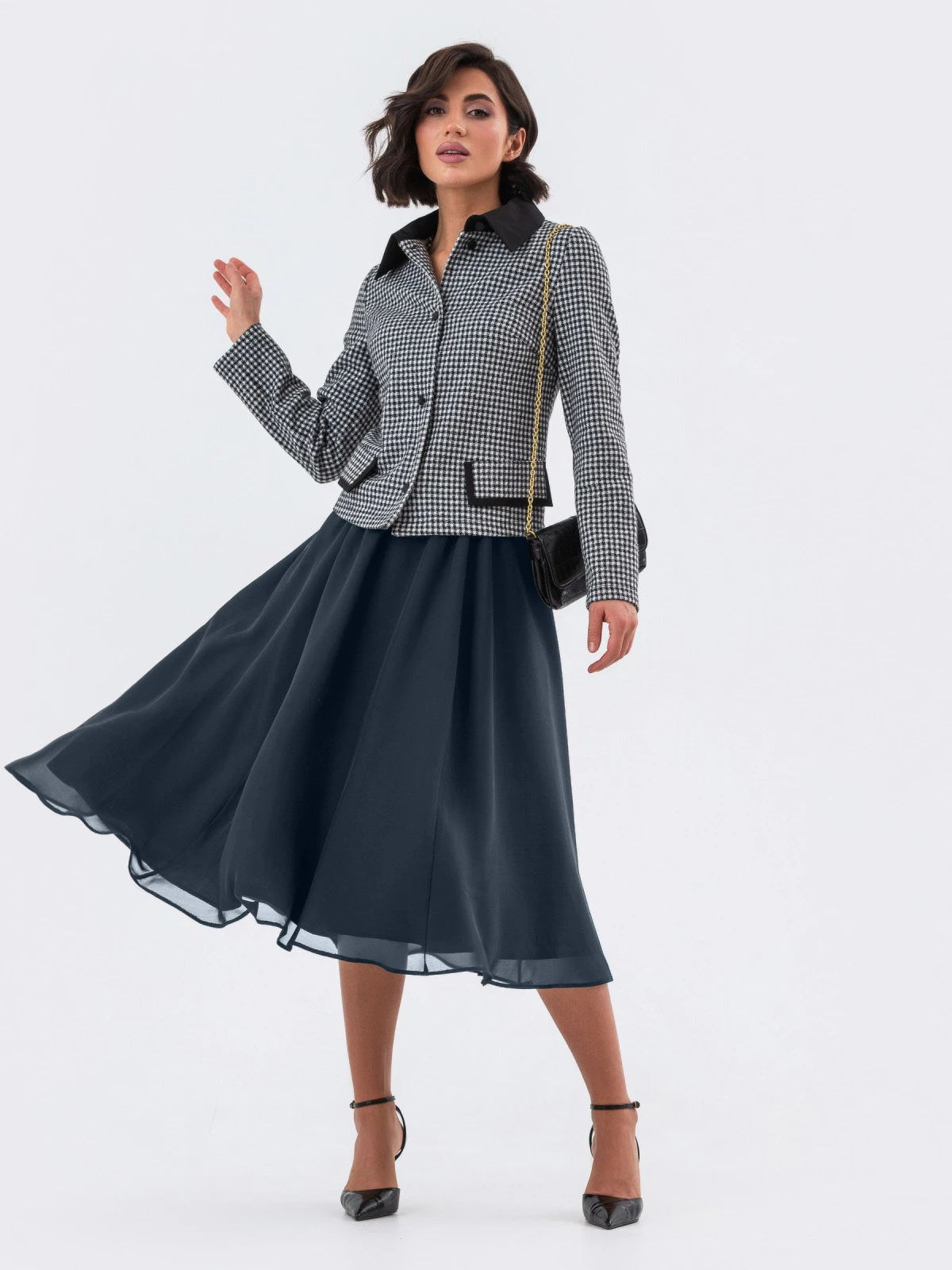 Houndstooth check jacket with a navy midi dress