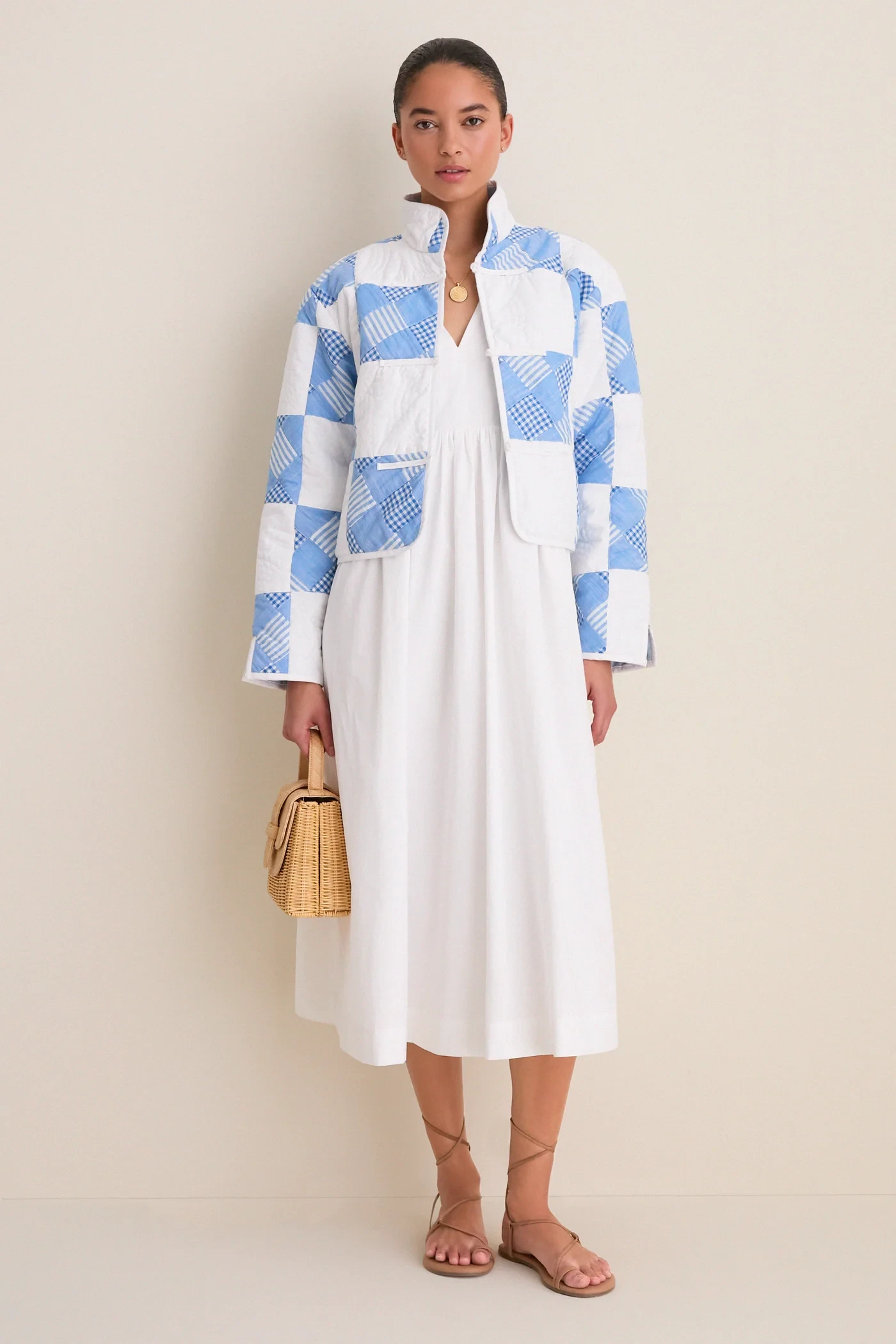 Heritage check jacket with a white midi dress