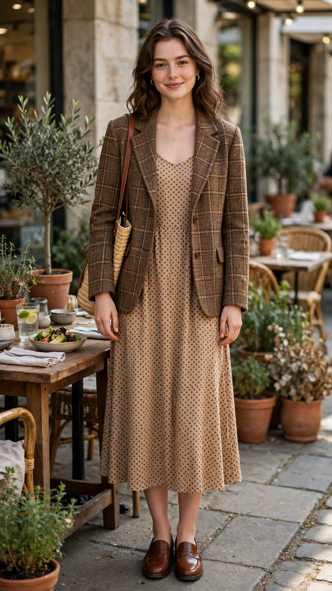 Brown check tweed jacket with a polka-dot midi dress