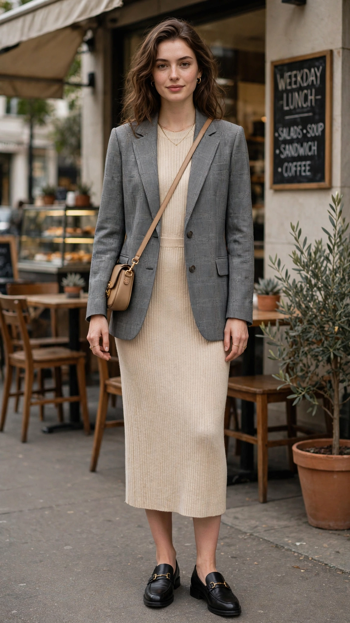 Grey check blazer with a knit midi dress