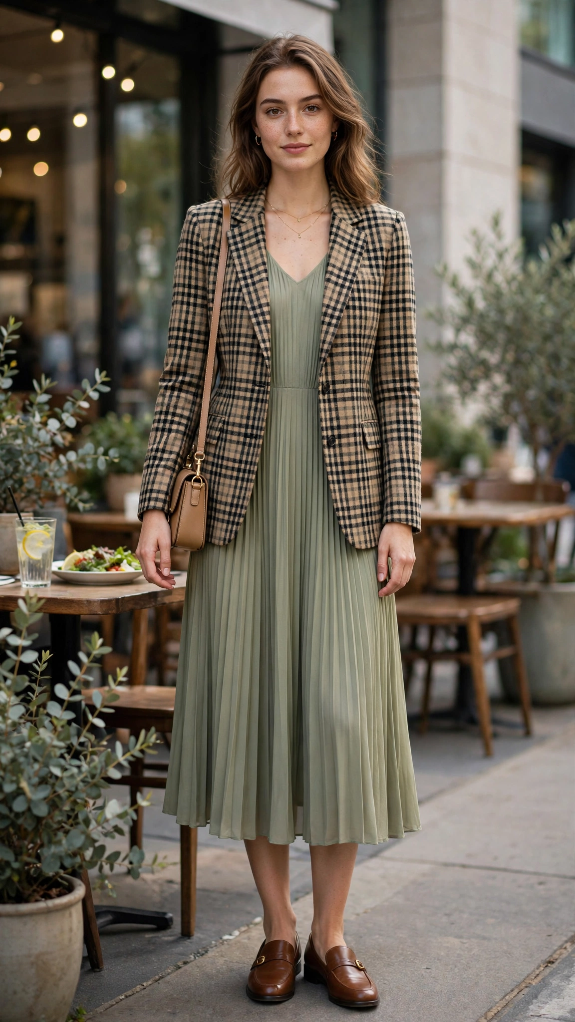Fitted check blazer with a pleated midi dress