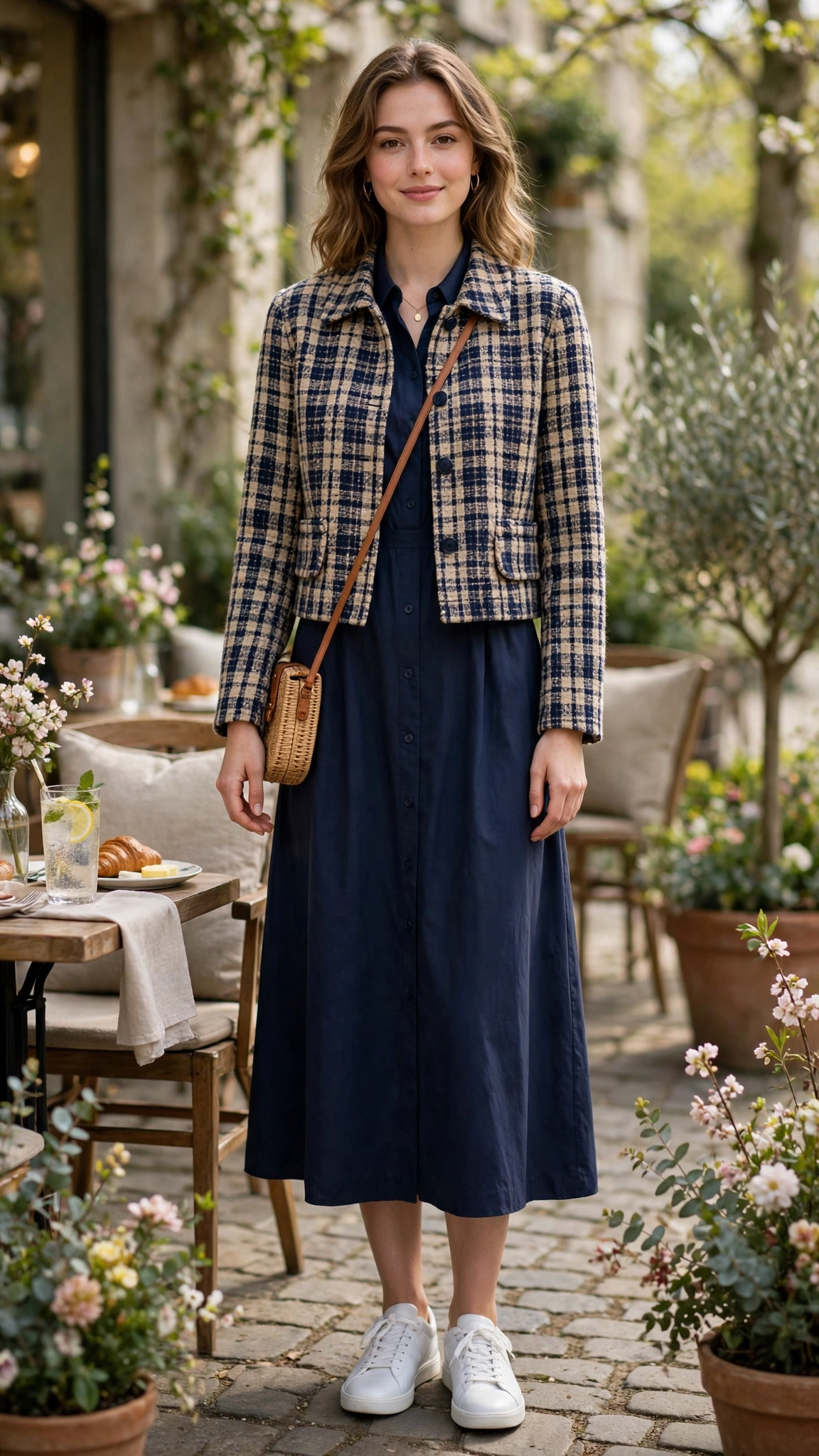 Cropped check jacket with a navy midi dress