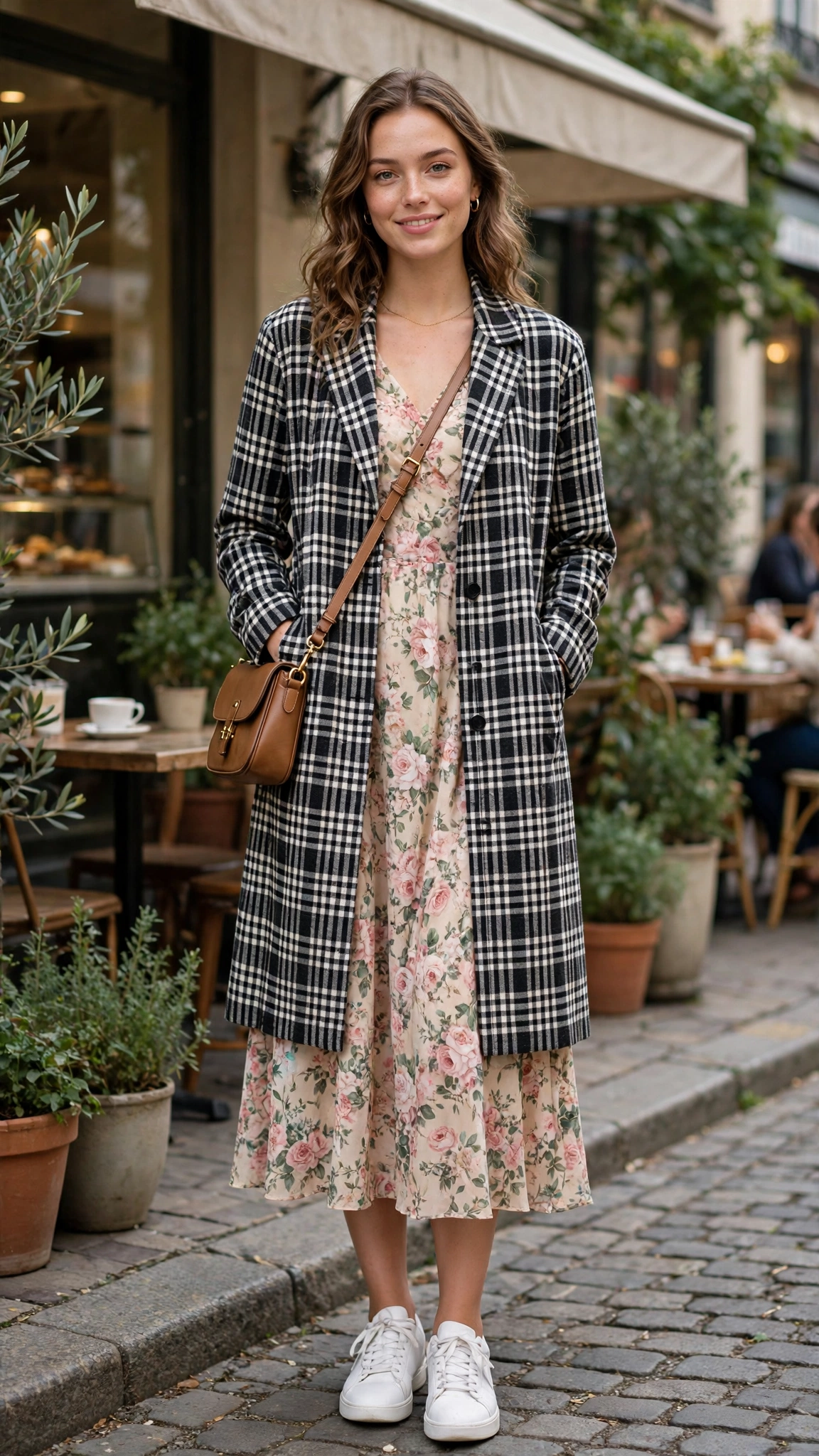 Longline check jacket with a floral midi dress
