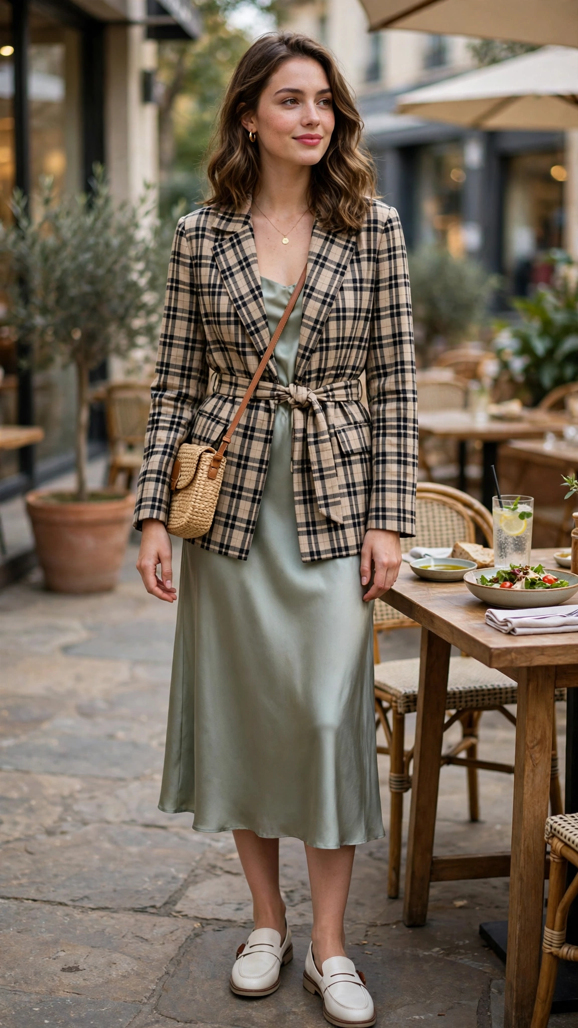 Belted check jacket with a satin midi dress