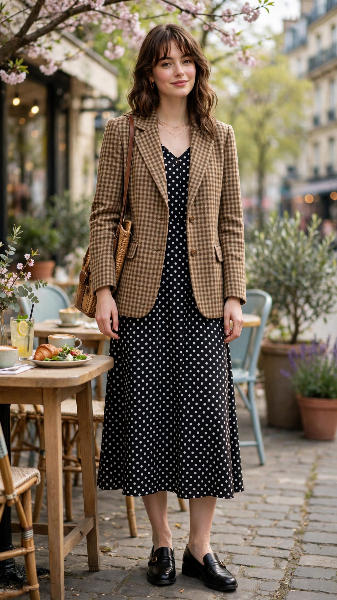Checked professor jacket with a polka-dot midi dress