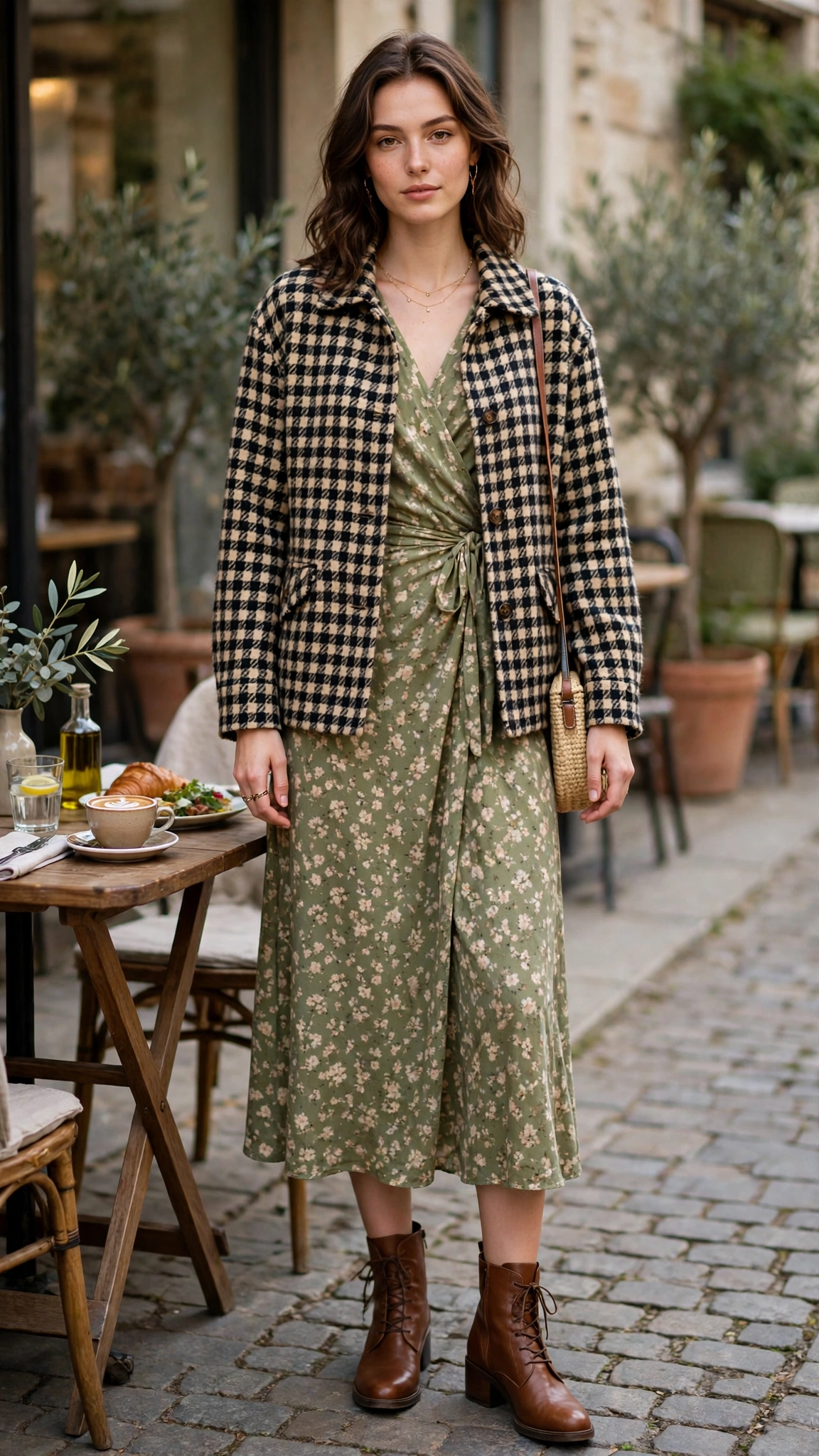 Checked wool jacket with a wrap midi dress