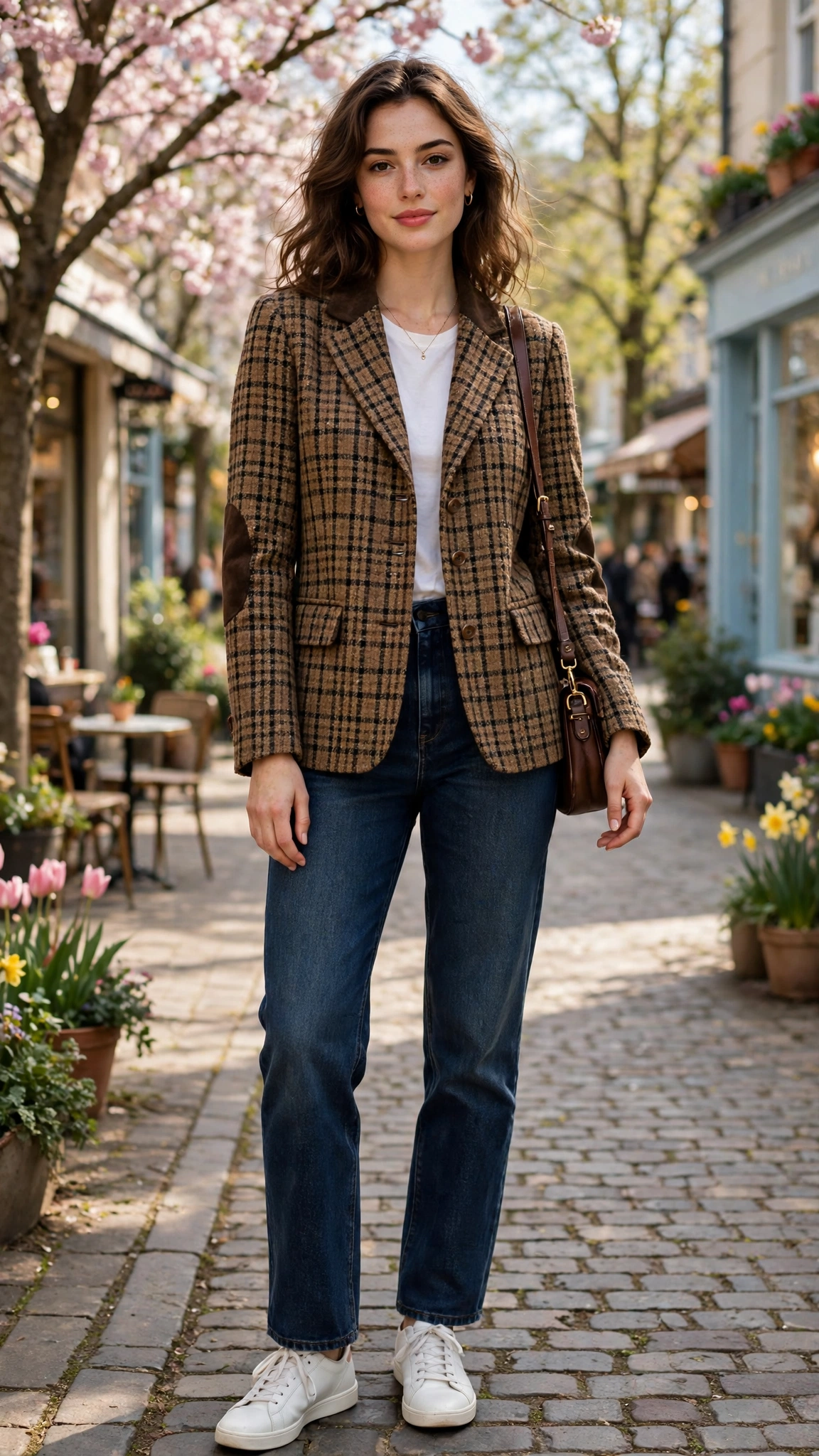 Tweed checked professor jacket with dark-wash jeans
