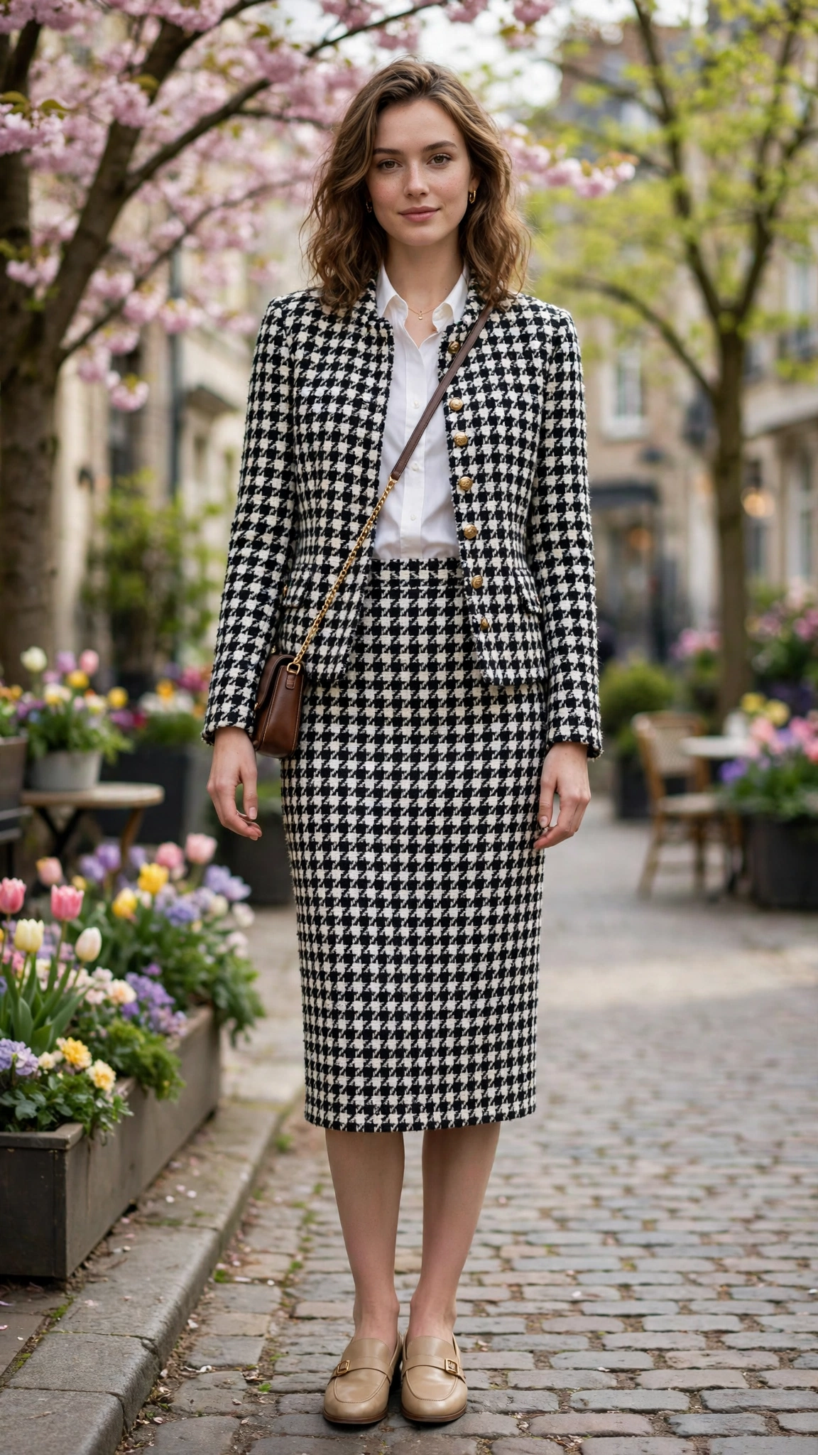 Tweed houndstooth check jacket with a pencil skirt