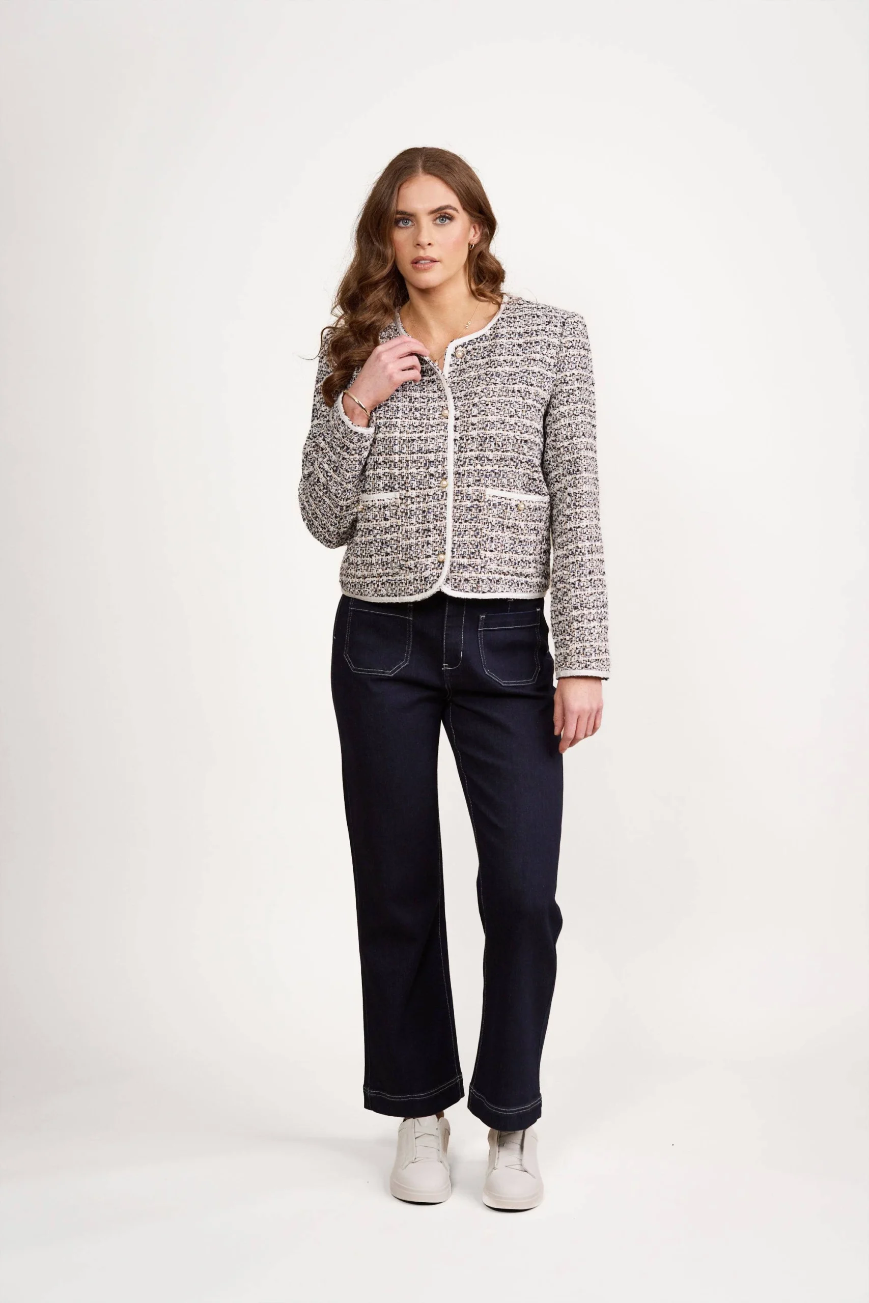 Tweed plaid check jacket with dark-wash jeans