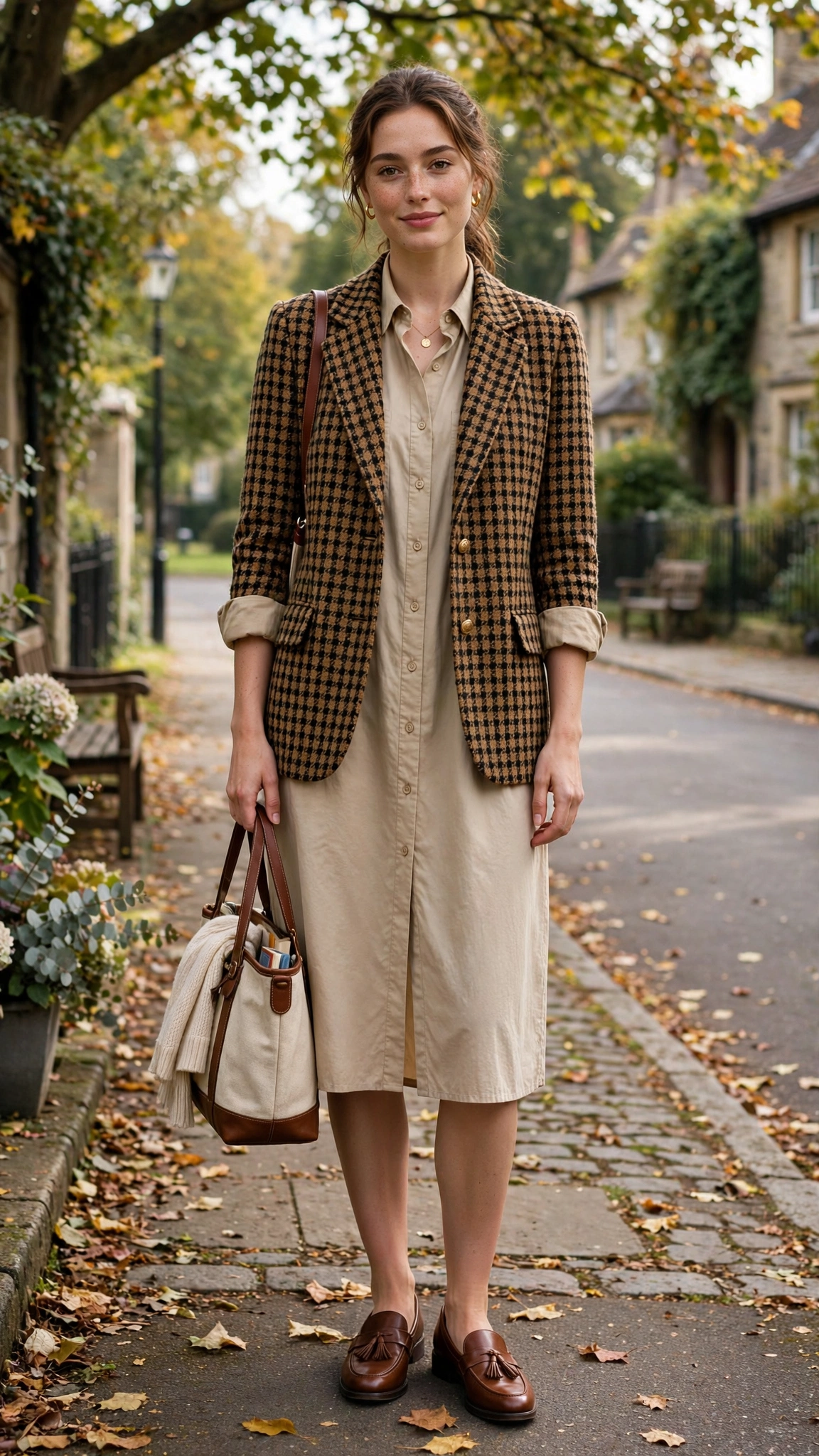 Tweed heritage check jacket with a shirt dress