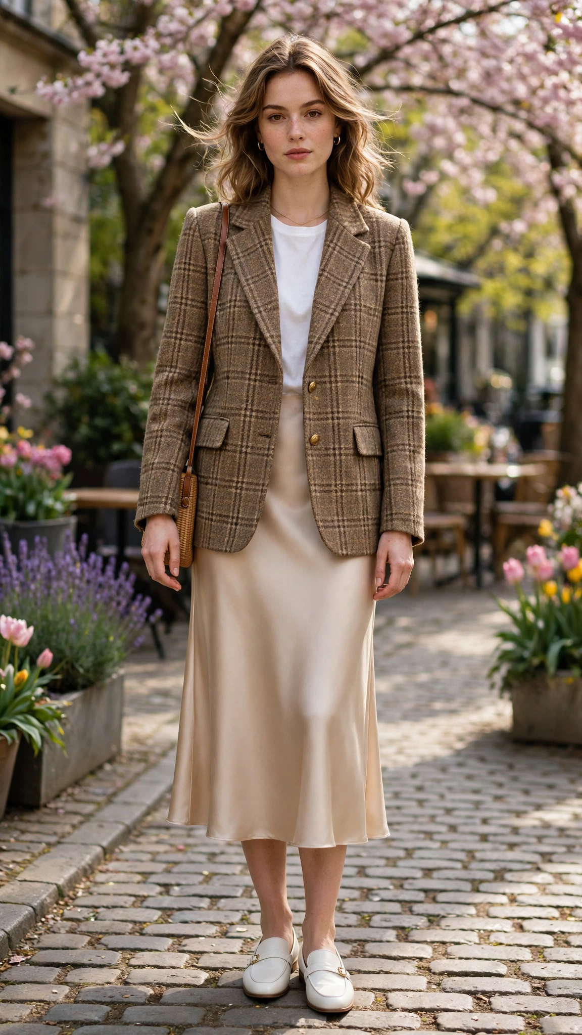 Tweed brown check tweed jacket with a satin midi skirt