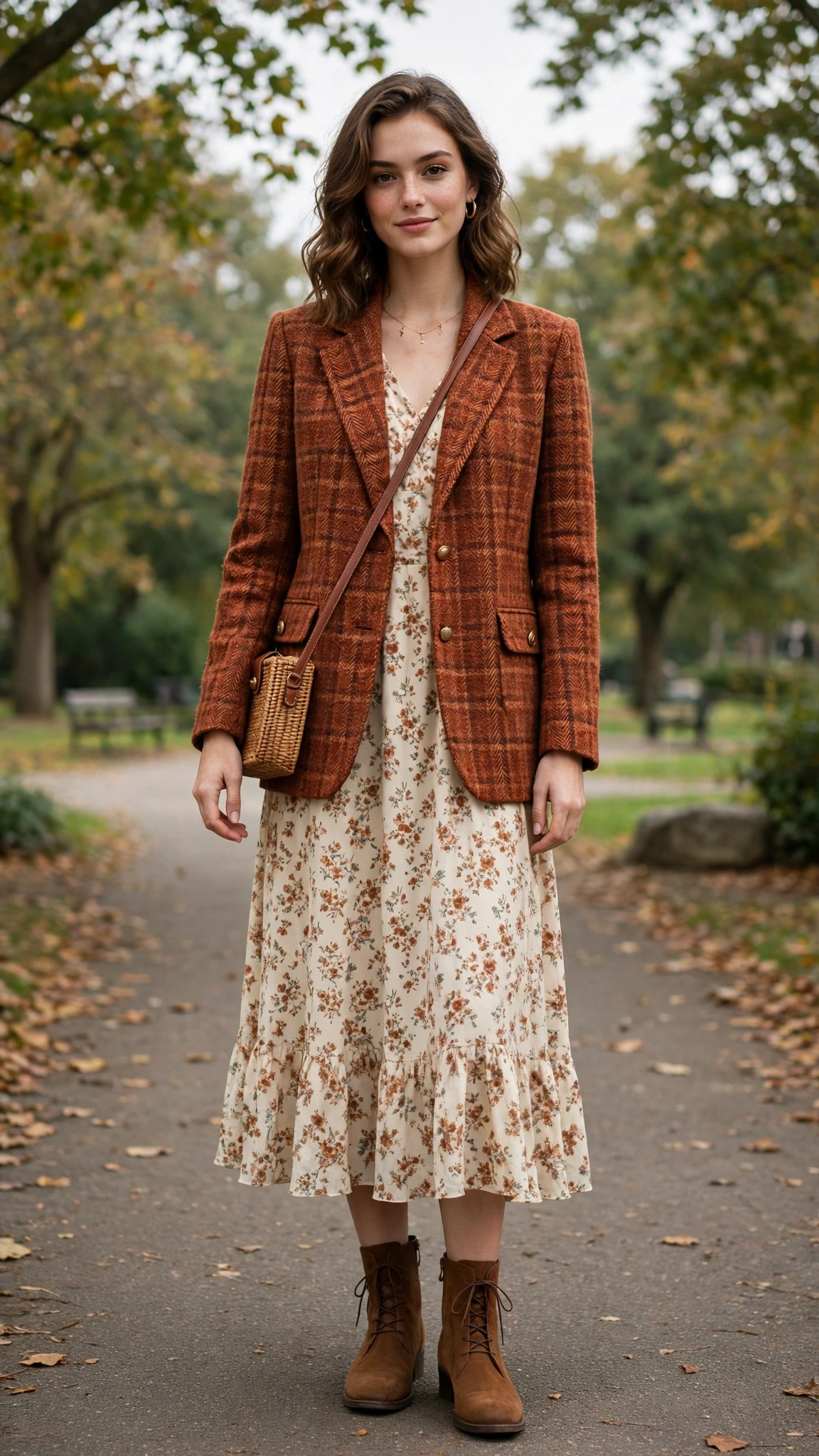 Tweed rust check blazer with a midi dress