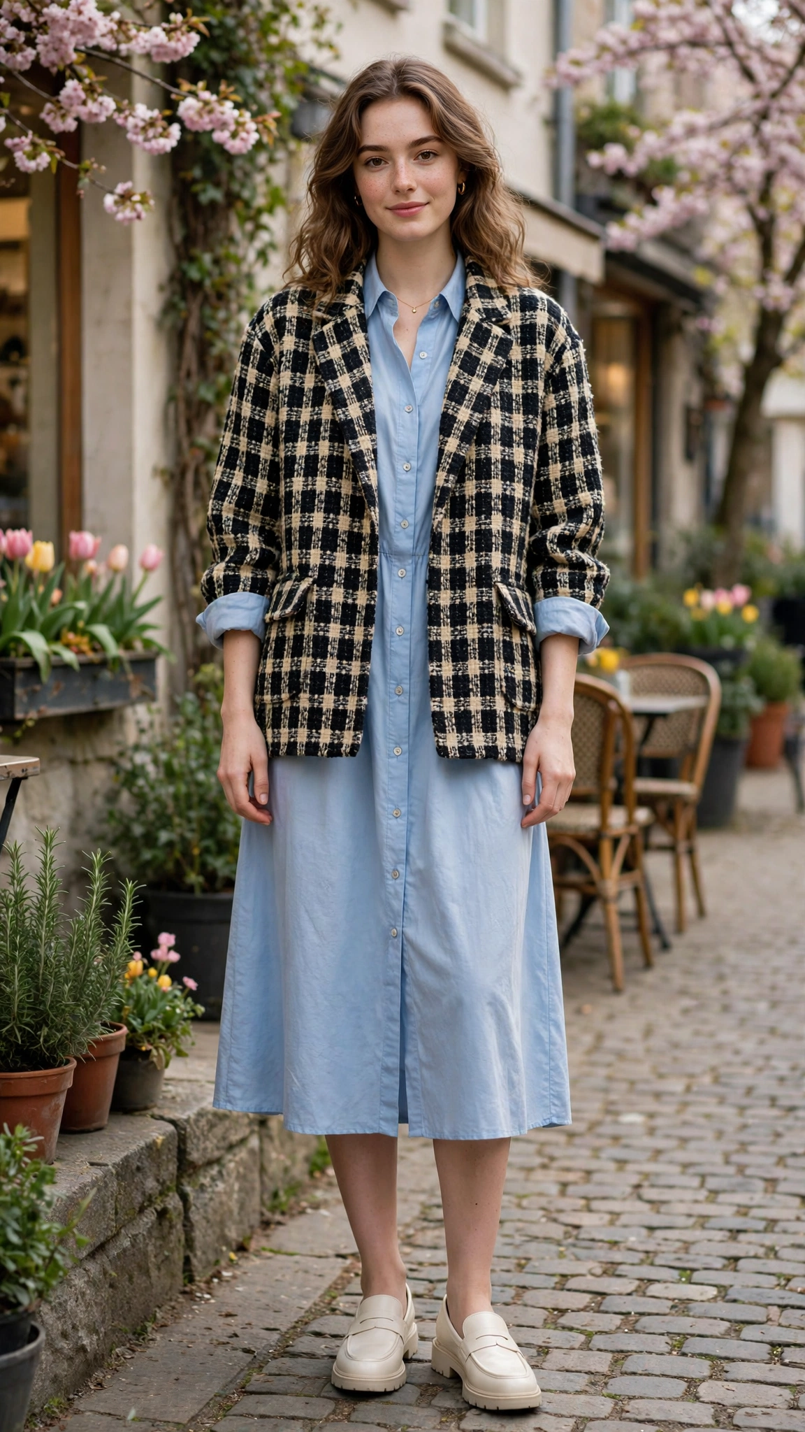 Tweed oversized check jacket with a shirt dress