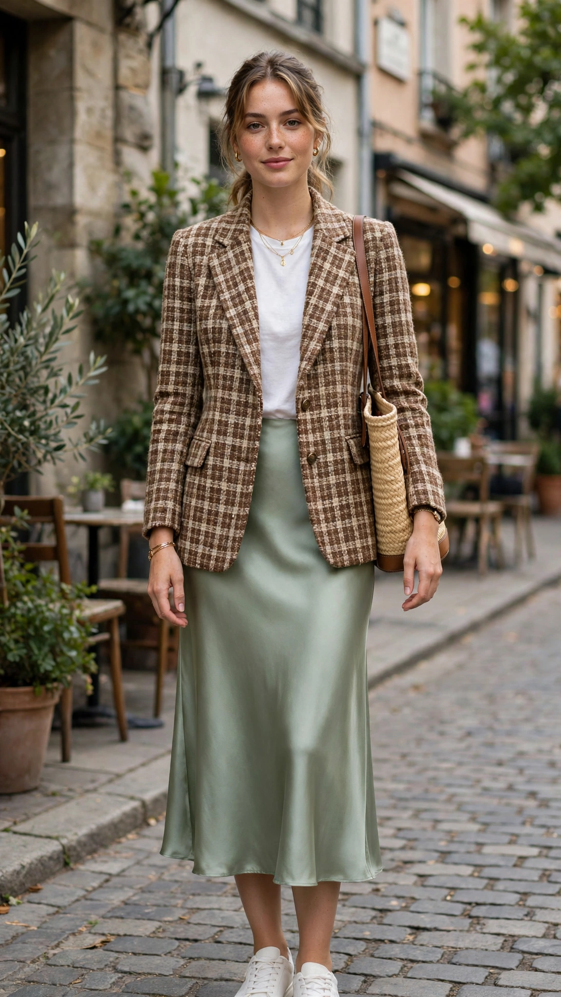 Tweed fitted check blazer with a satin midi skirt