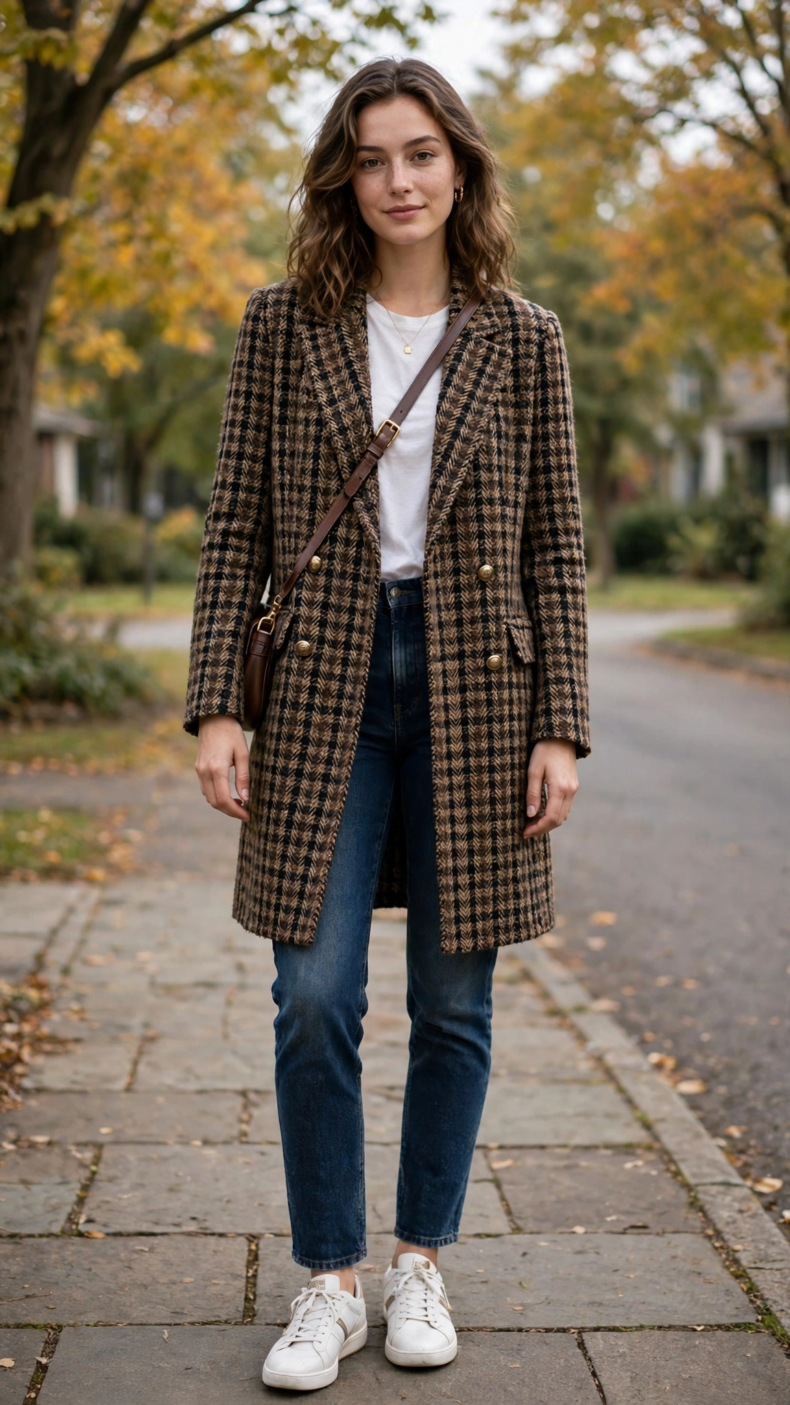 Tweed longline check jacket with dark-wash jeans