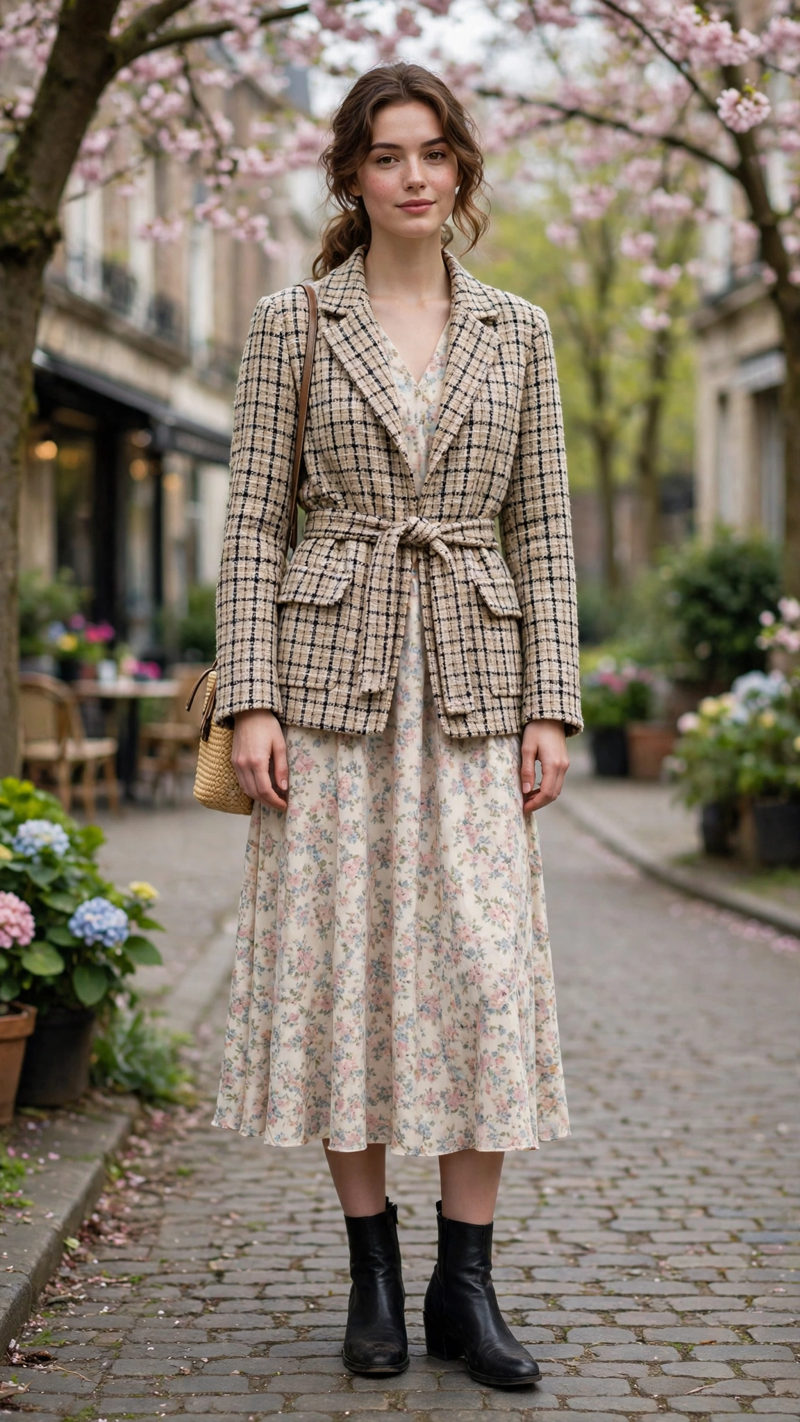 Tweed belted check jacket with a midi dress