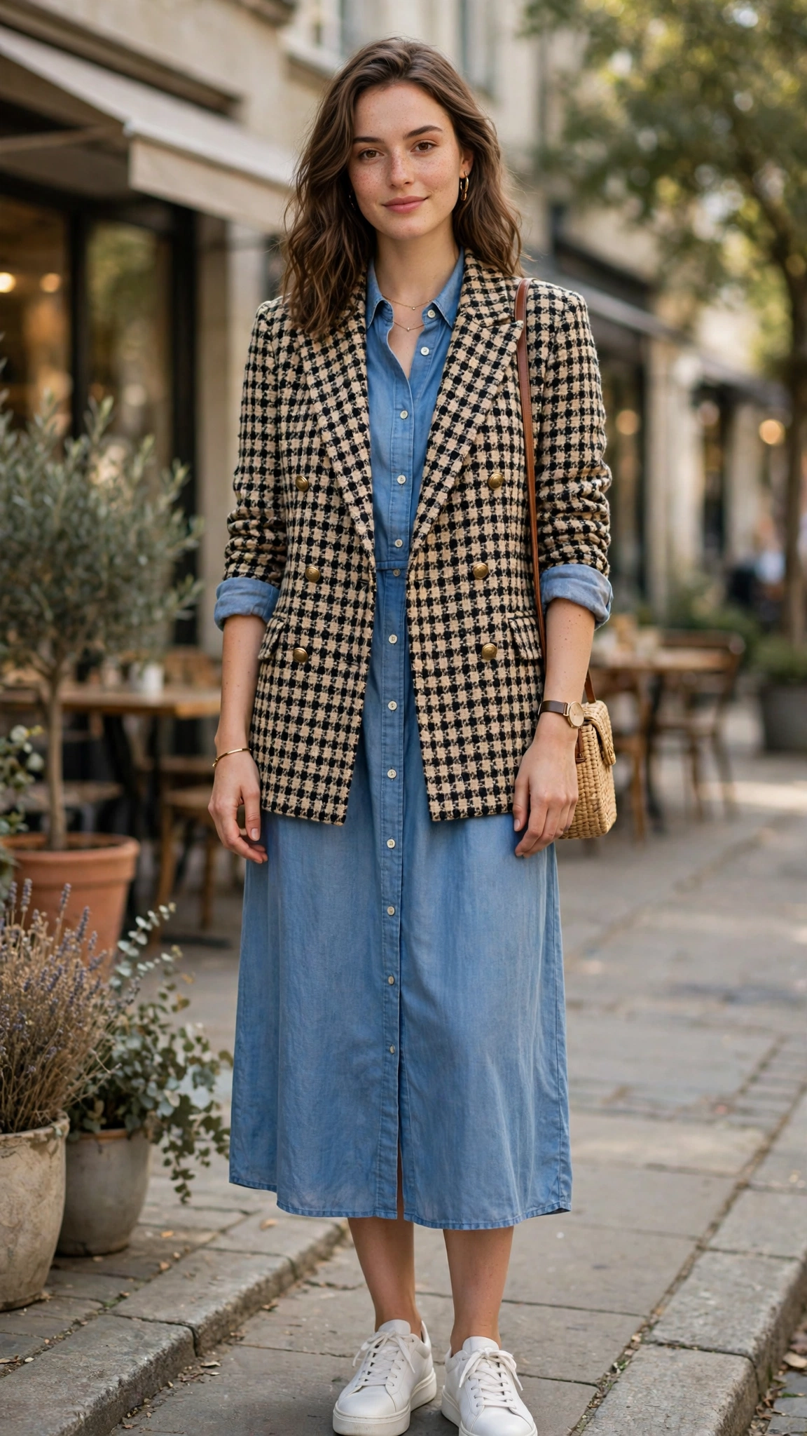 Tweed double-breasted check blazer with a shirt dress