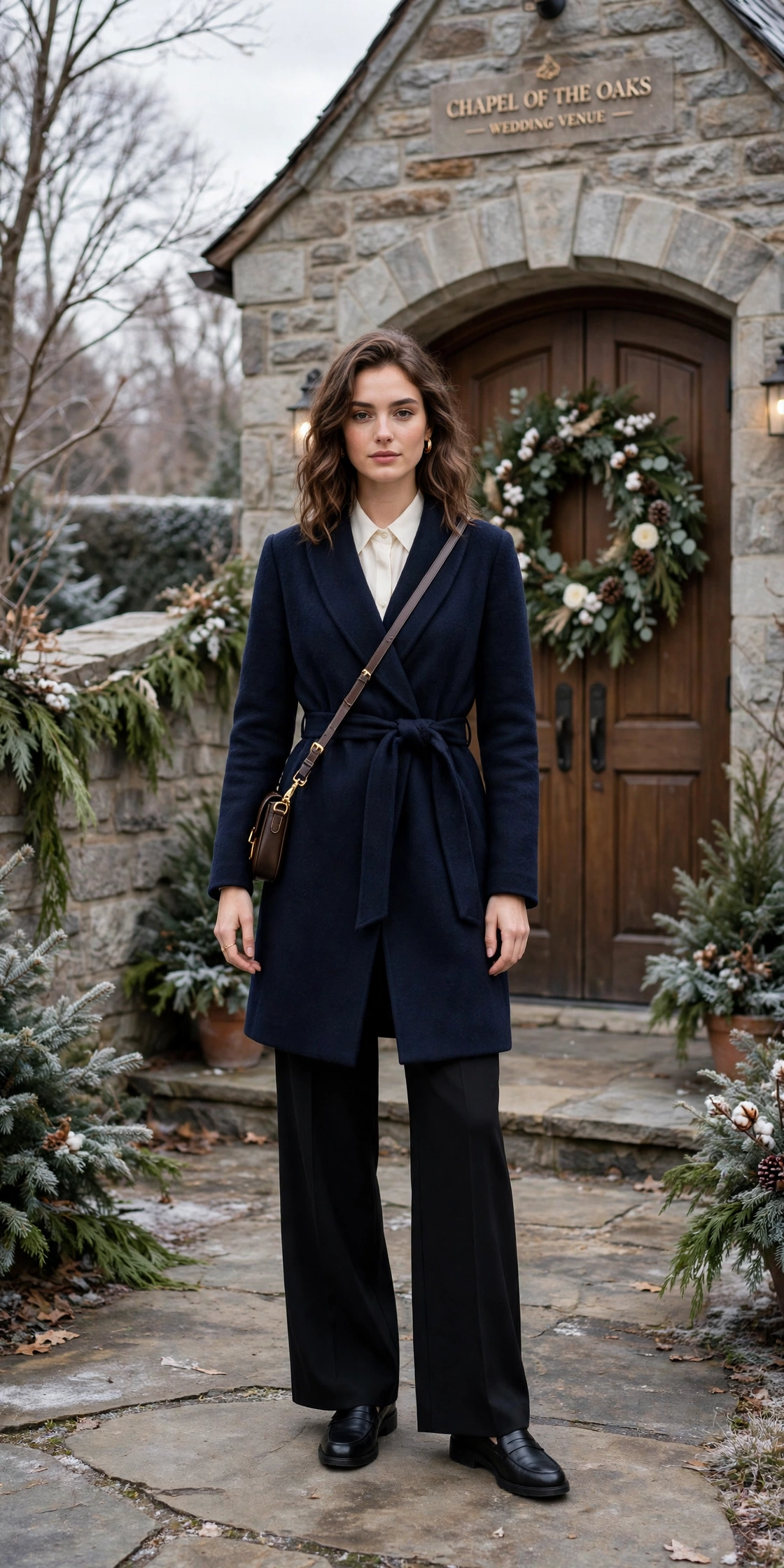 Navy wool wrap coat, ivory blouse with black wide-leg trousers and classic loafers