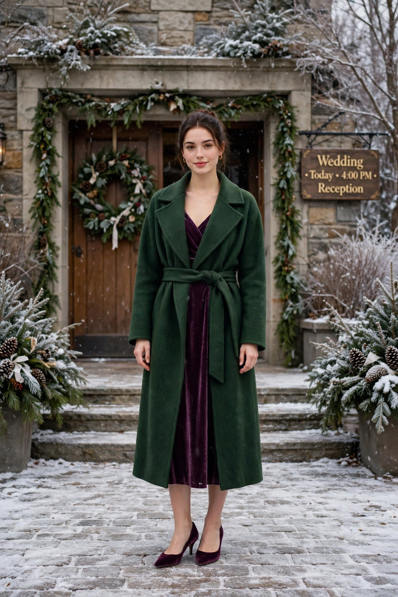 Forest green wool wrap coat, plum velvet dress and kitten heels