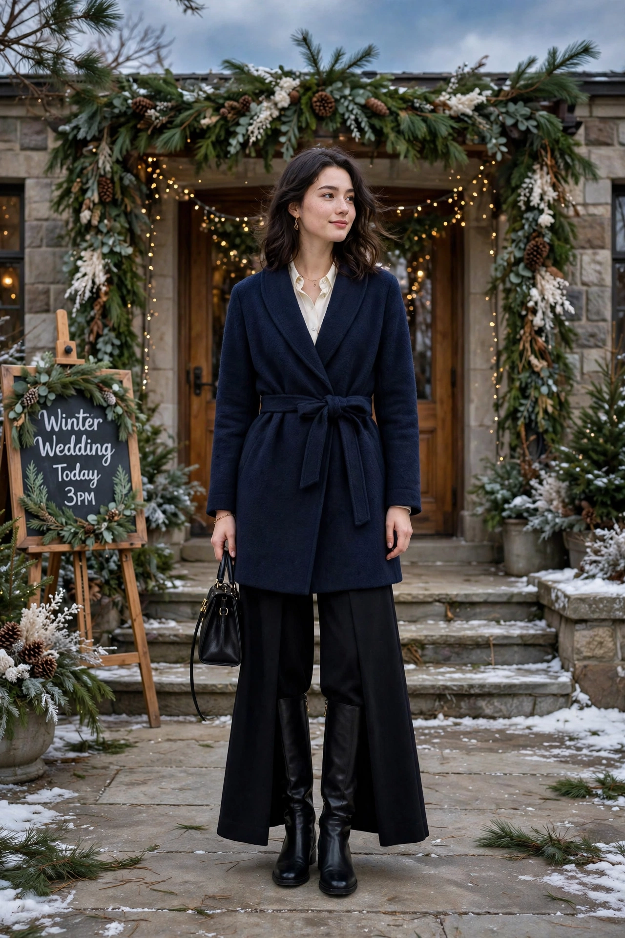 Navy wool wrap coat, ivory blouse with black wide-leg trousers and knee-high boots