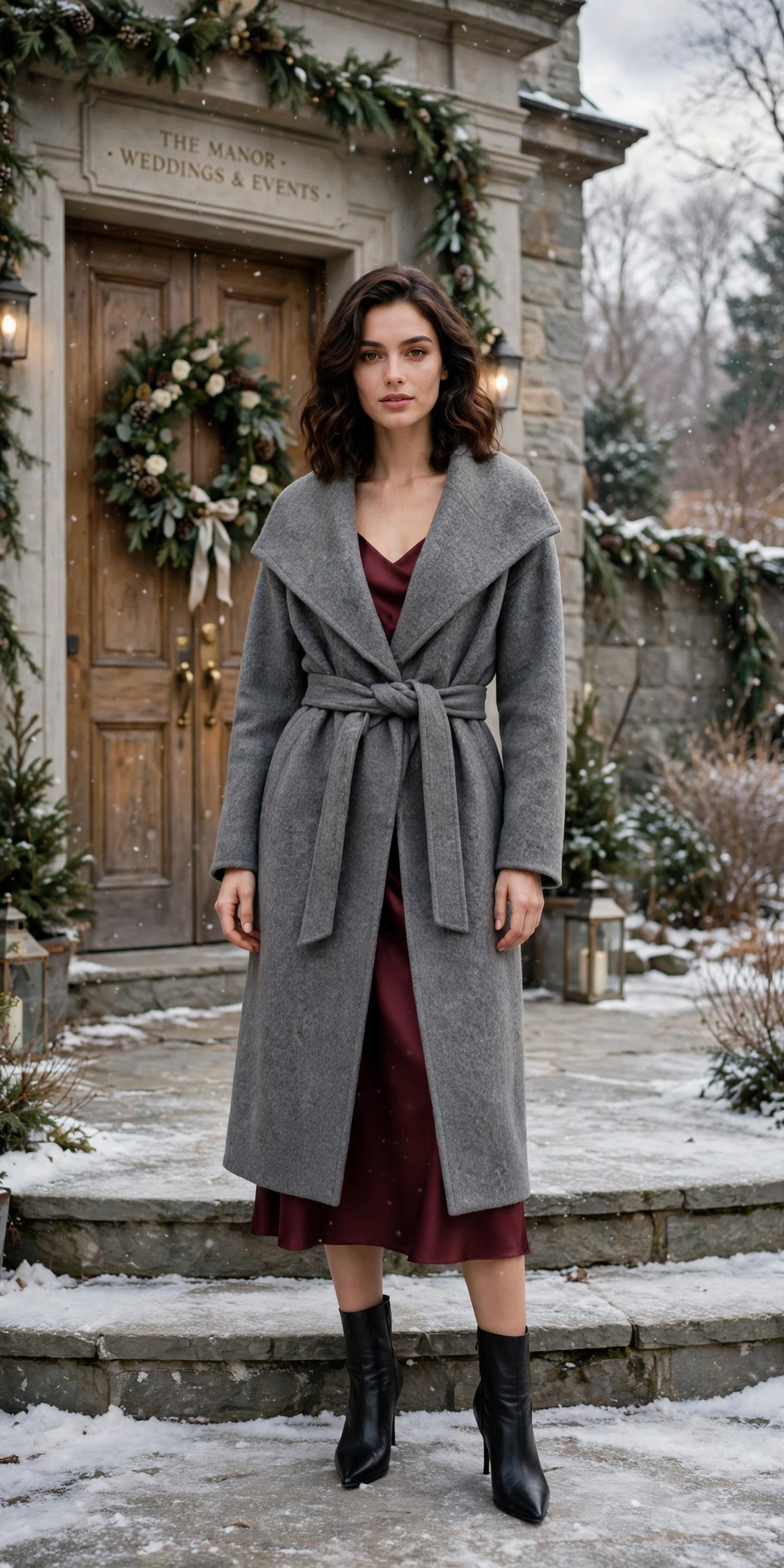 Grey wool wrap coat, burgundy satin dress and black pointed boots