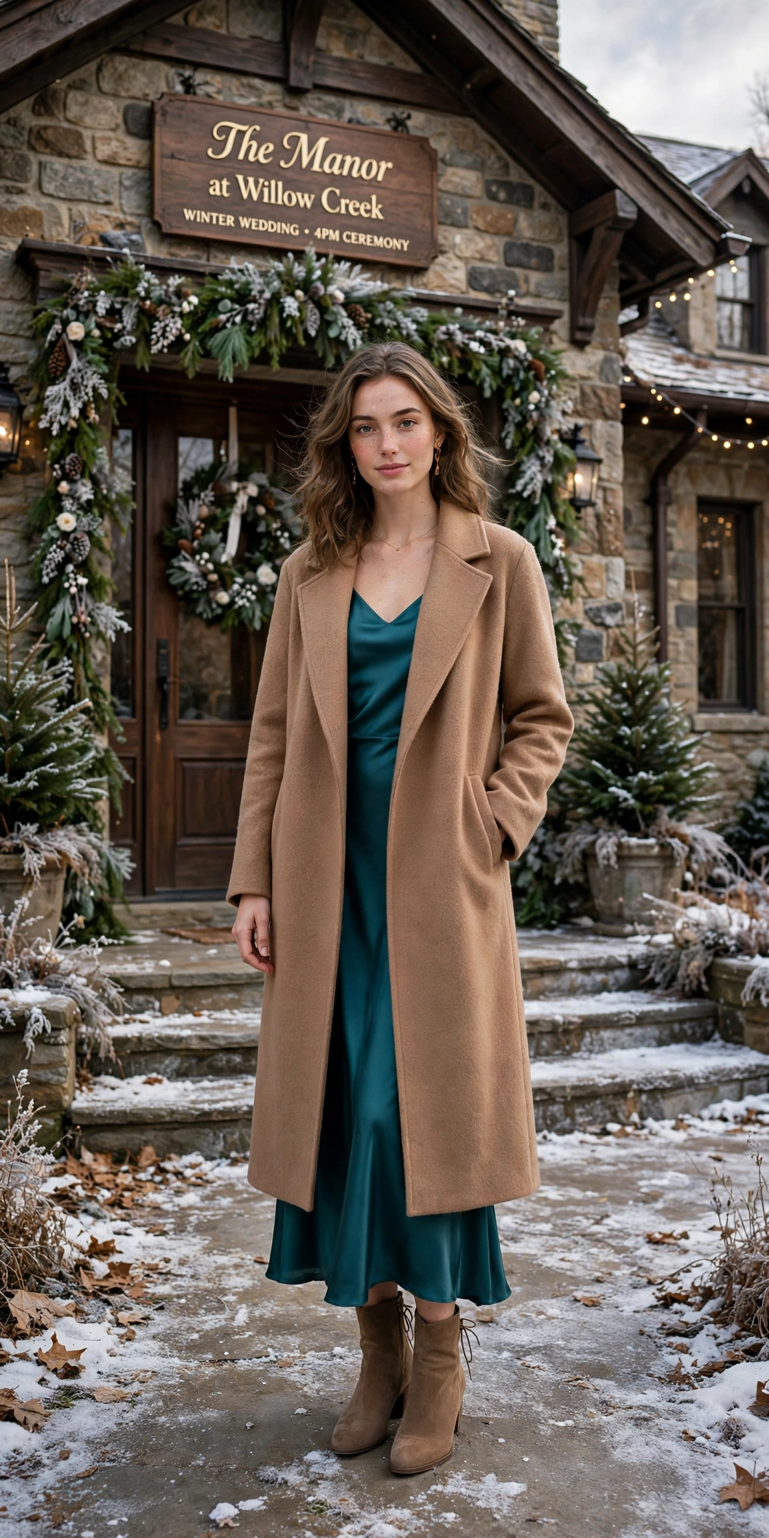 Camel wool wrap coat, teal satin dress and suede ankle boots