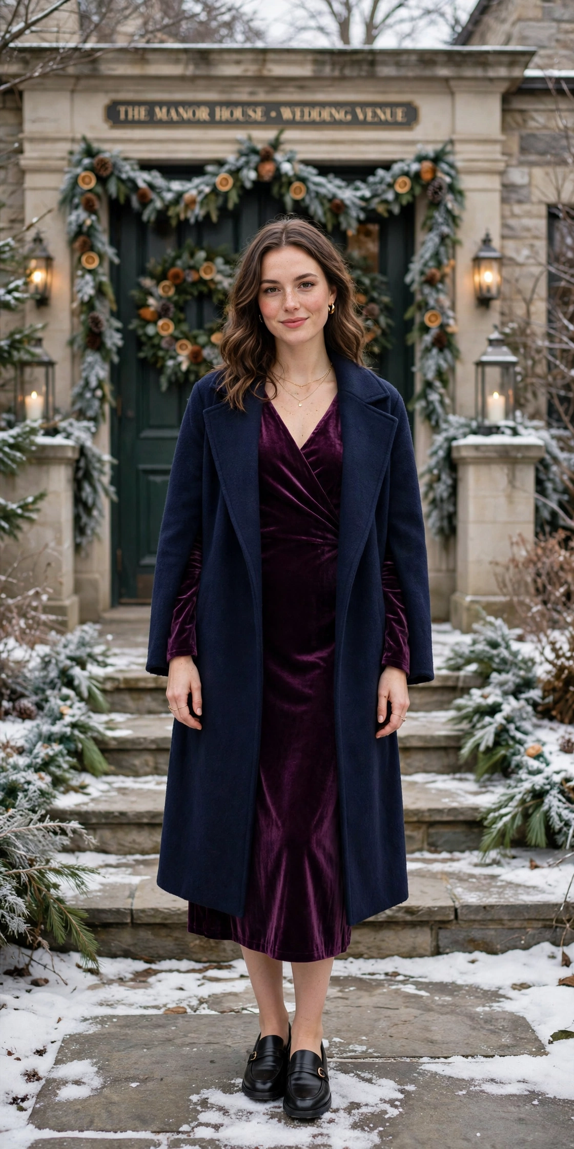 Navy wool wrap coat, plum velvet dress and classic loafers
