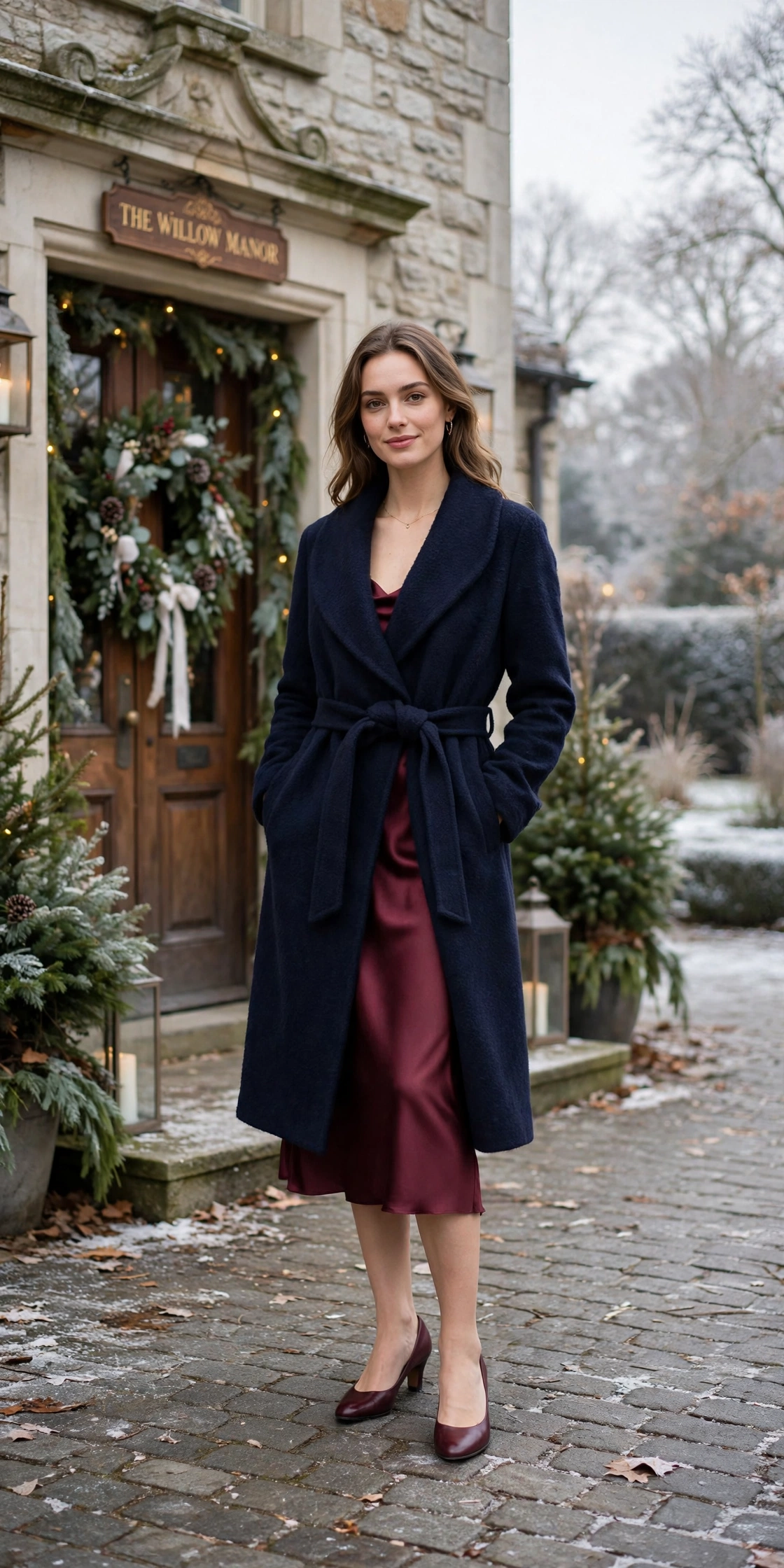 Navy wool wrap coat, burgundy satin dress and low-heeled pumps