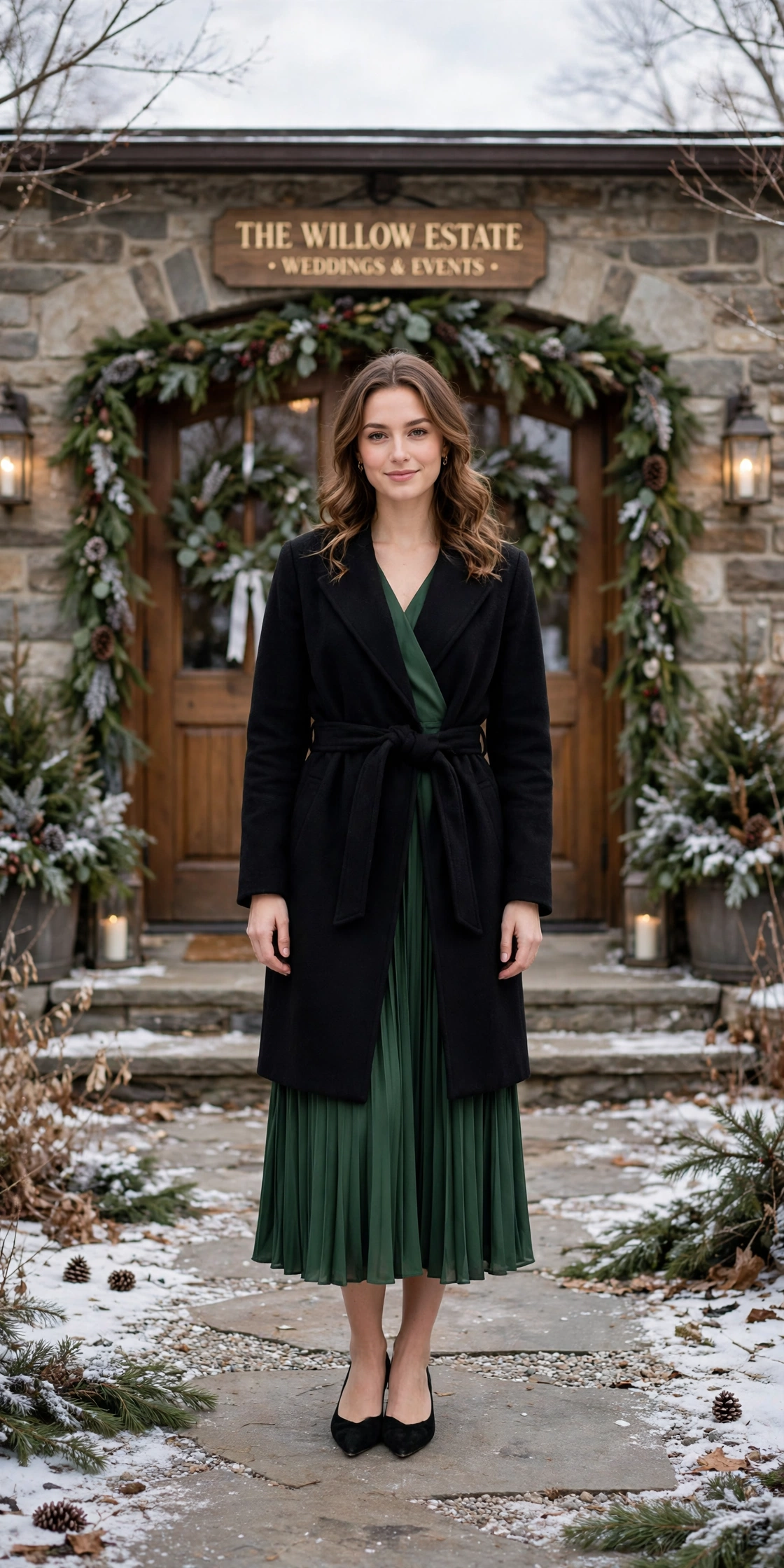 Black wool wrap coat, forest green midi dress and elegant pointed flats
