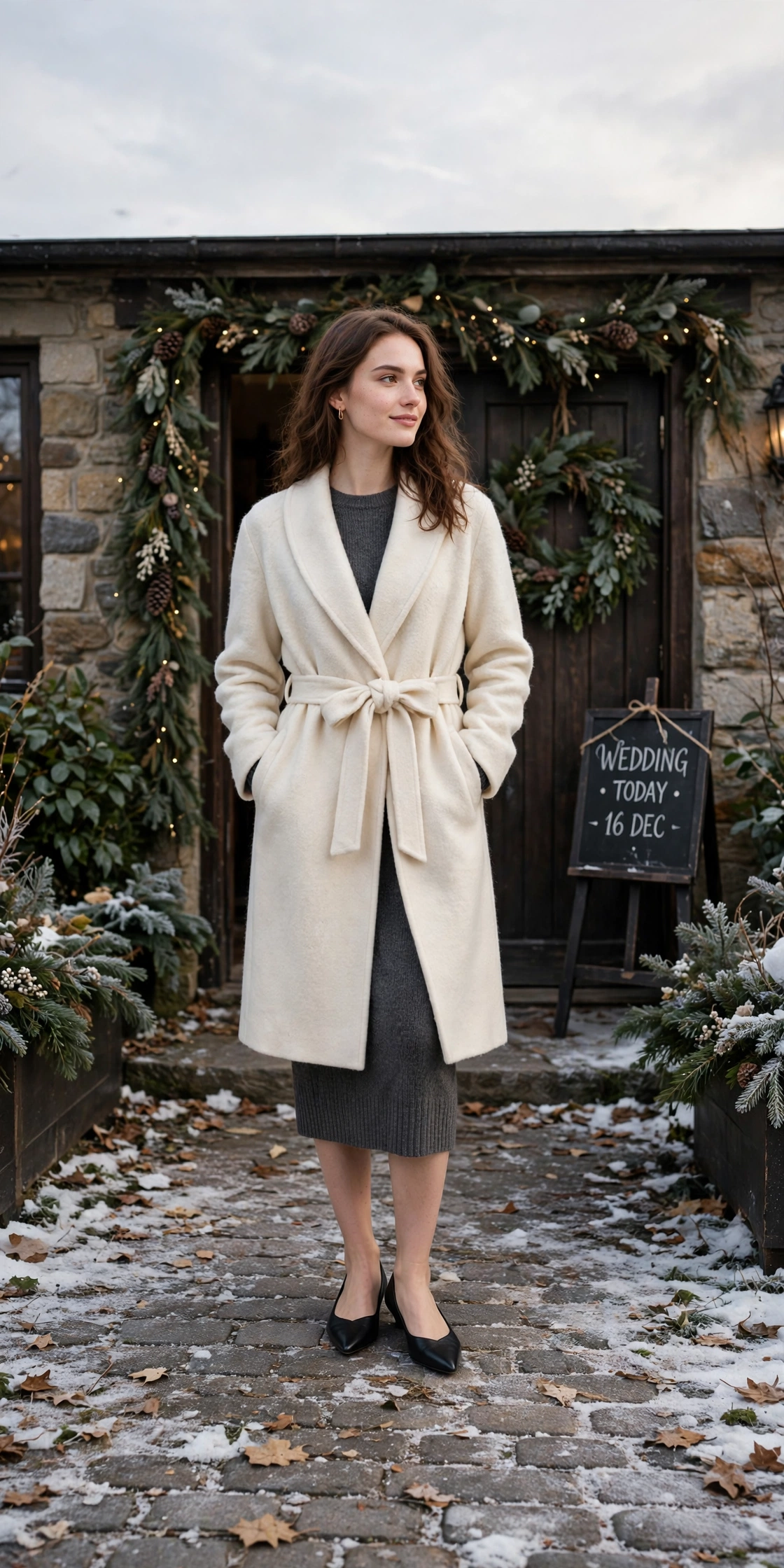 Cream wool wrap coat, charcoal knit dress and elegant pointed flats