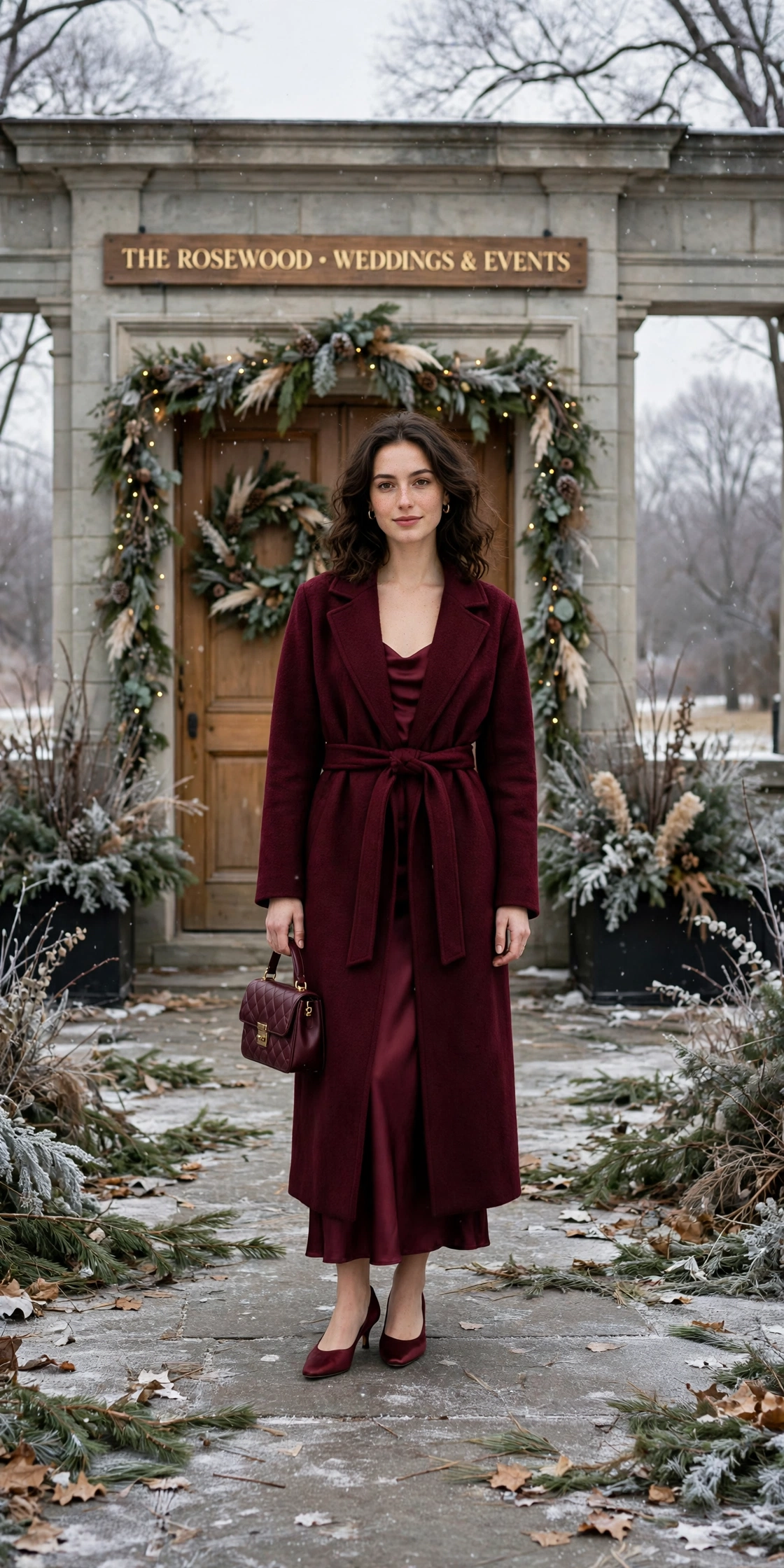 Burgundy wool wrap coat, burgundy satin dress and low-heeled pumps