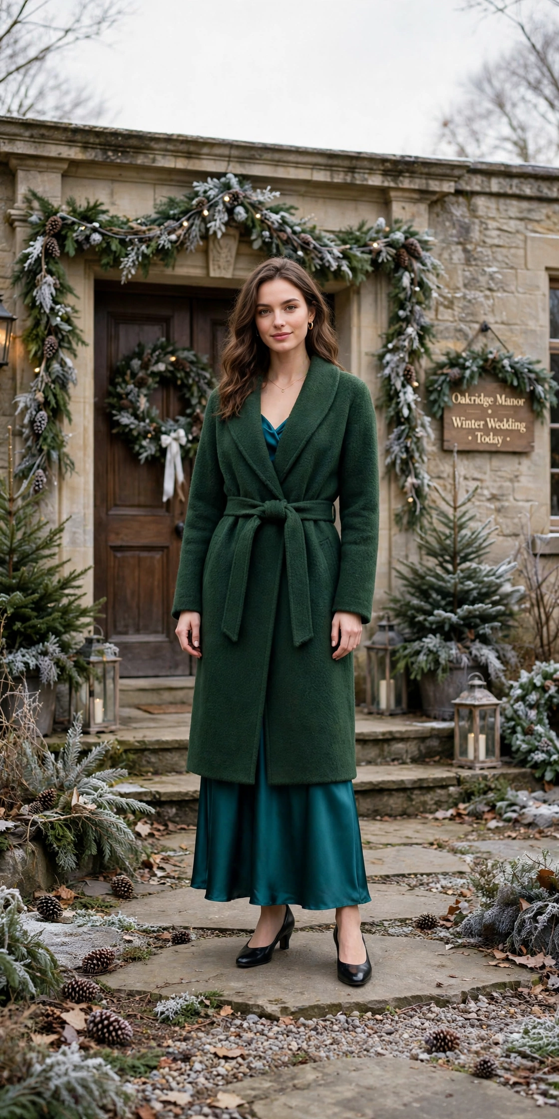 Forest green wool wrap coat, teal satin dress and low-heeled pumps