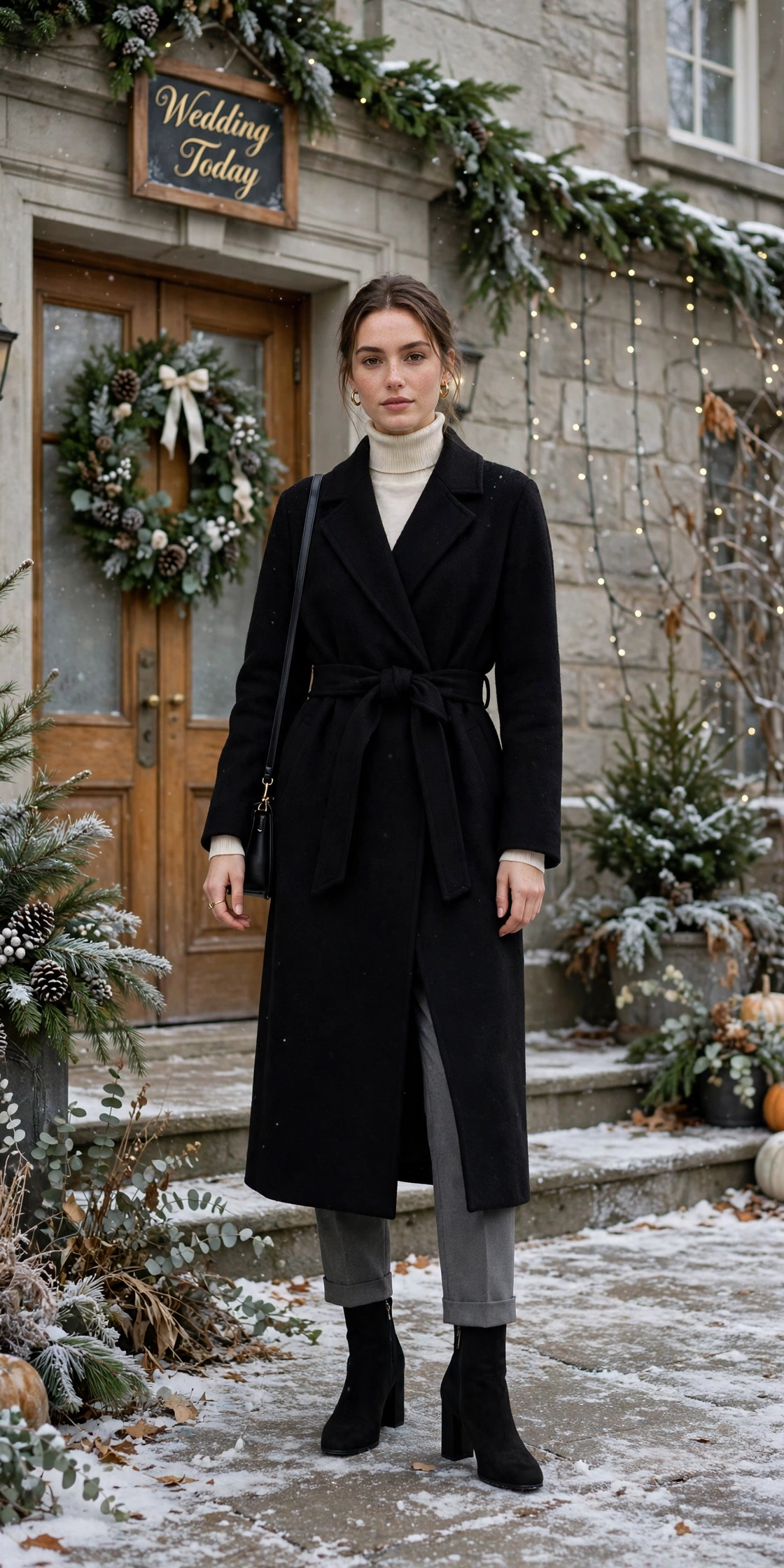 Black wool wrap coat, cream turtleneck with grey trousers and block-heel ankle boots