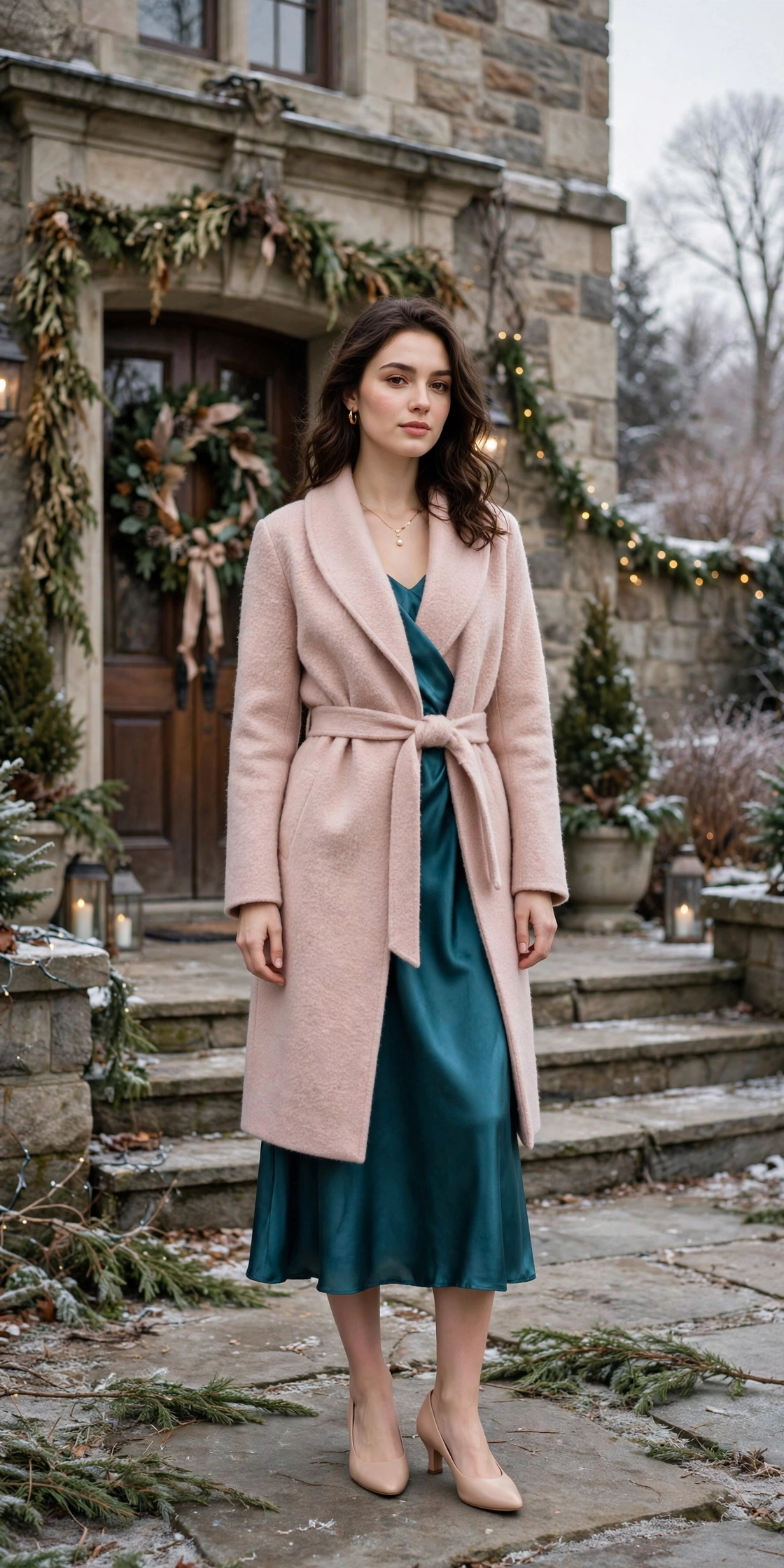 Blush wool wrap coat, teal satin dress and low-heeled pumps