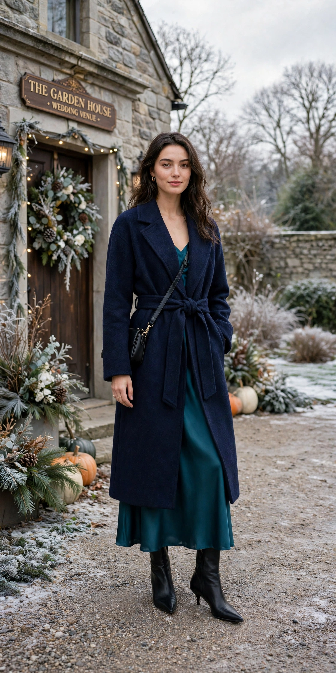 Navy wool wrap coat, teal satin dress and black pointed boots